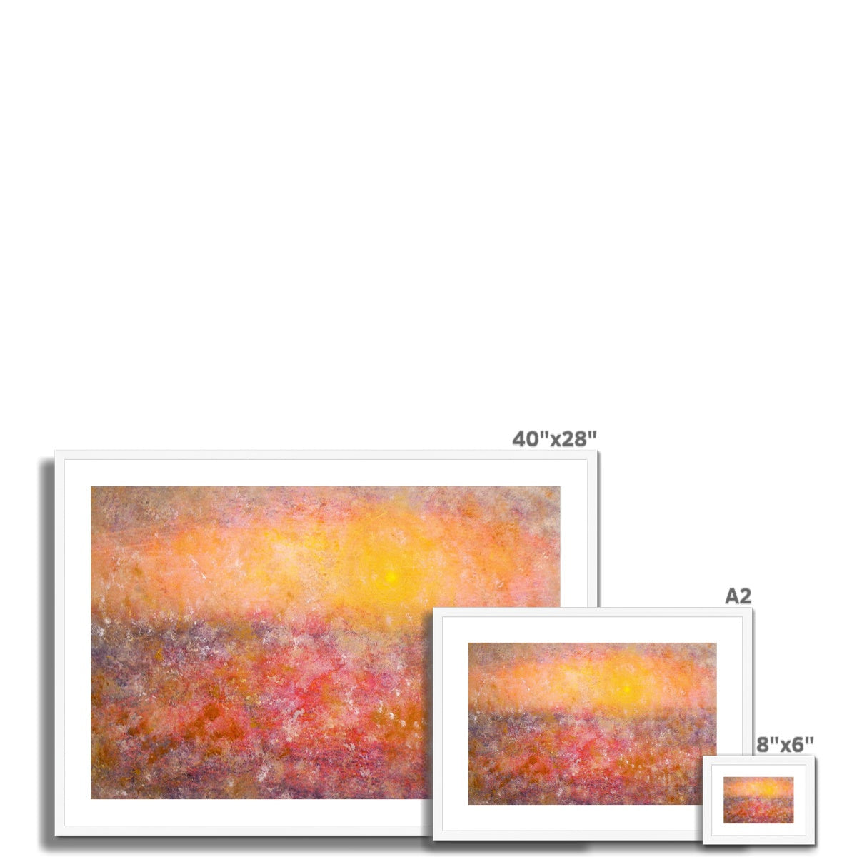Sunrise Mist Horizon abstract print in white frame with orange yellow pink hues