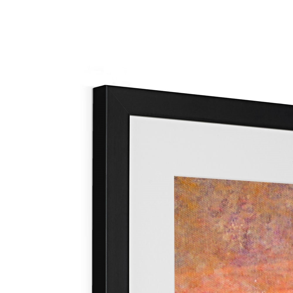 Sunrise Mist Horizon art print: black frame, textured orange-purple landscape