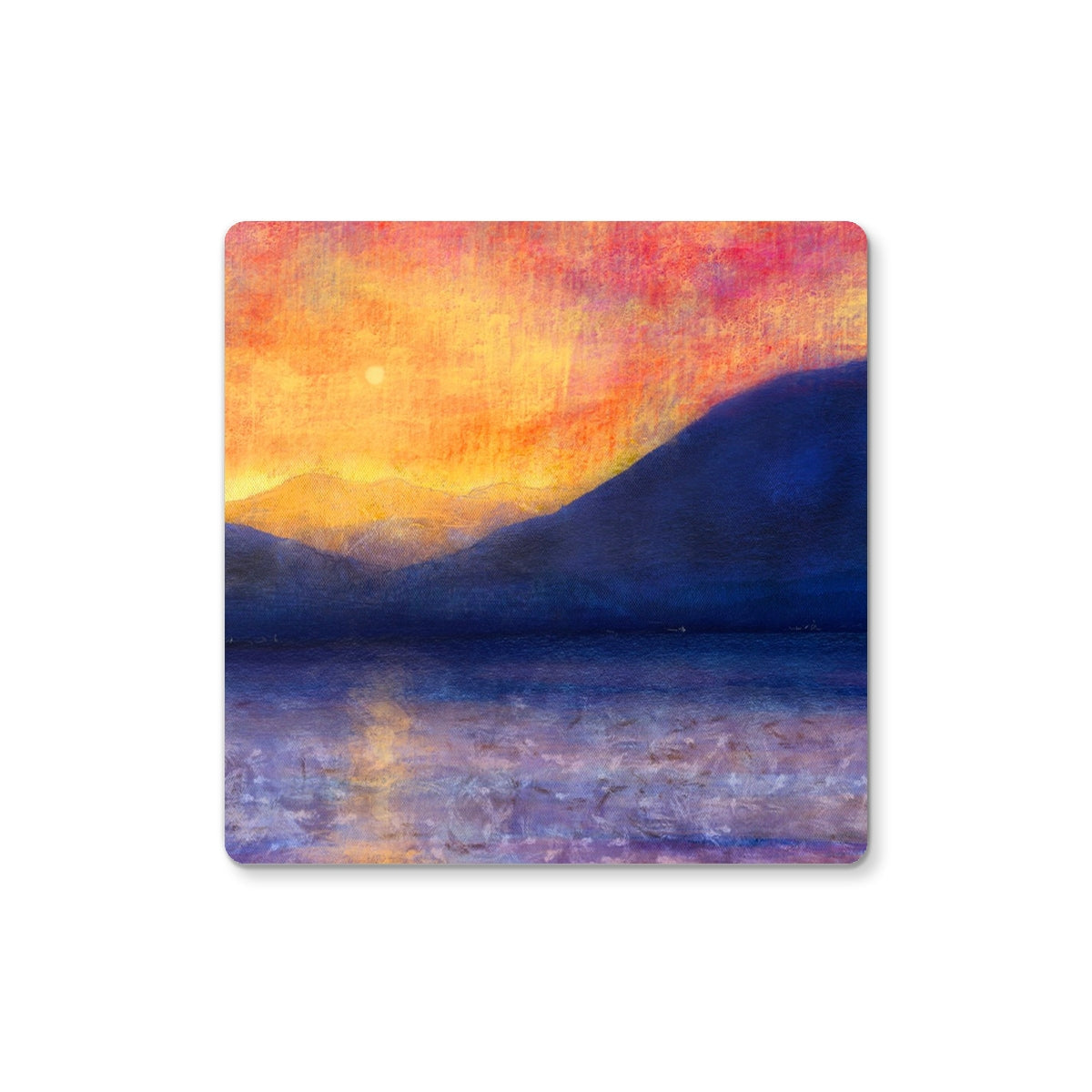 Sunset Approaching Mull watercolor coaster in orange purple hues