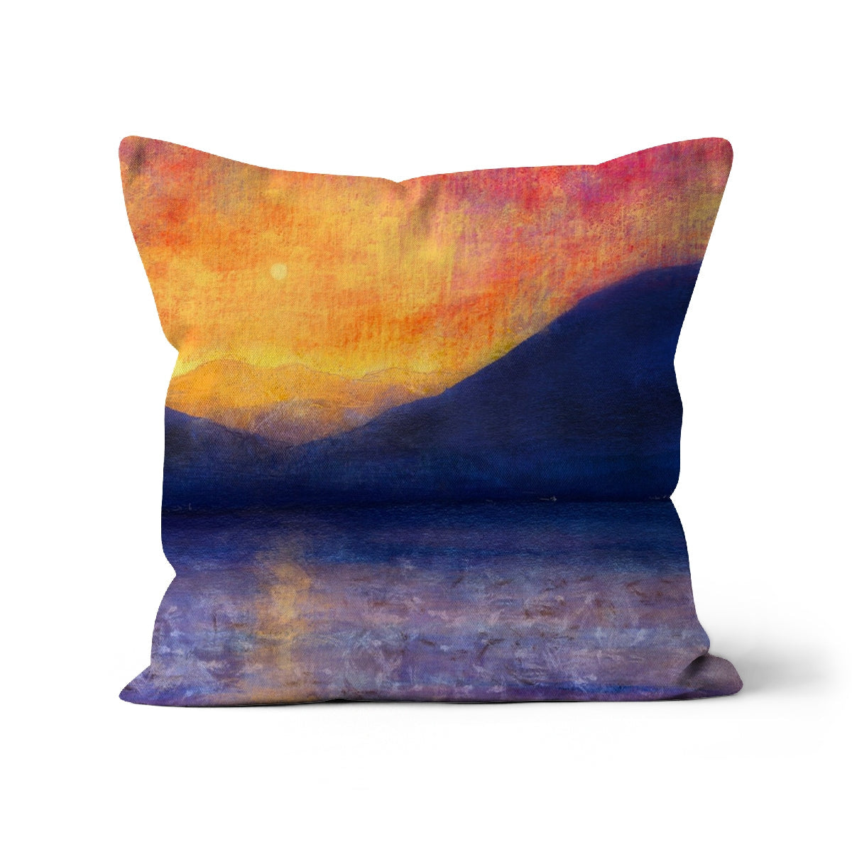 Sunset Approaching Mull cushion with vibrant orange purple sunset design