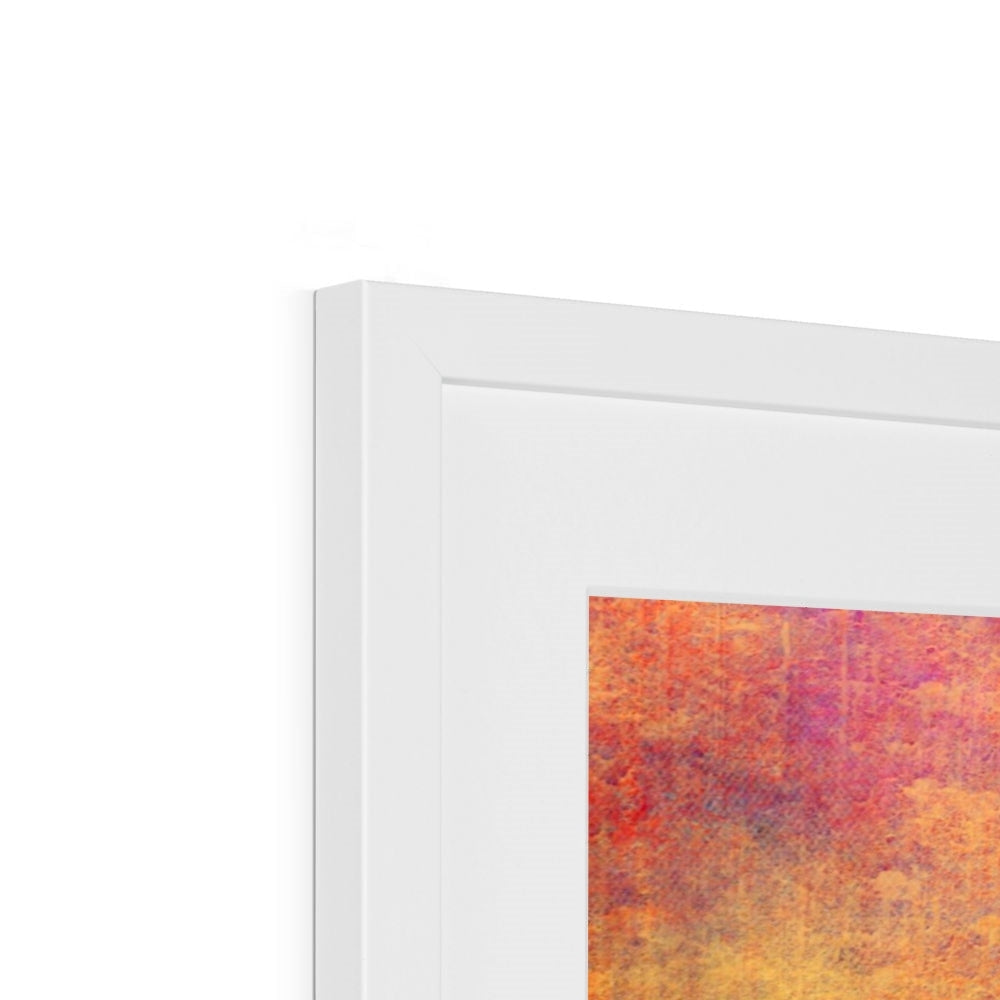 White framed Sunset Approaching Mull abstract art print in orange pink hues