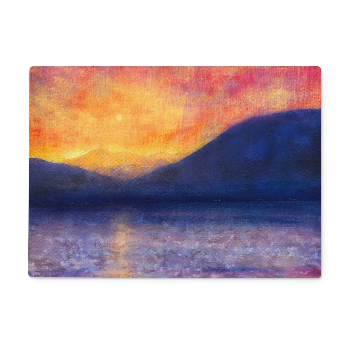 Orange and purple sunset landscape painting on canvas chopping board