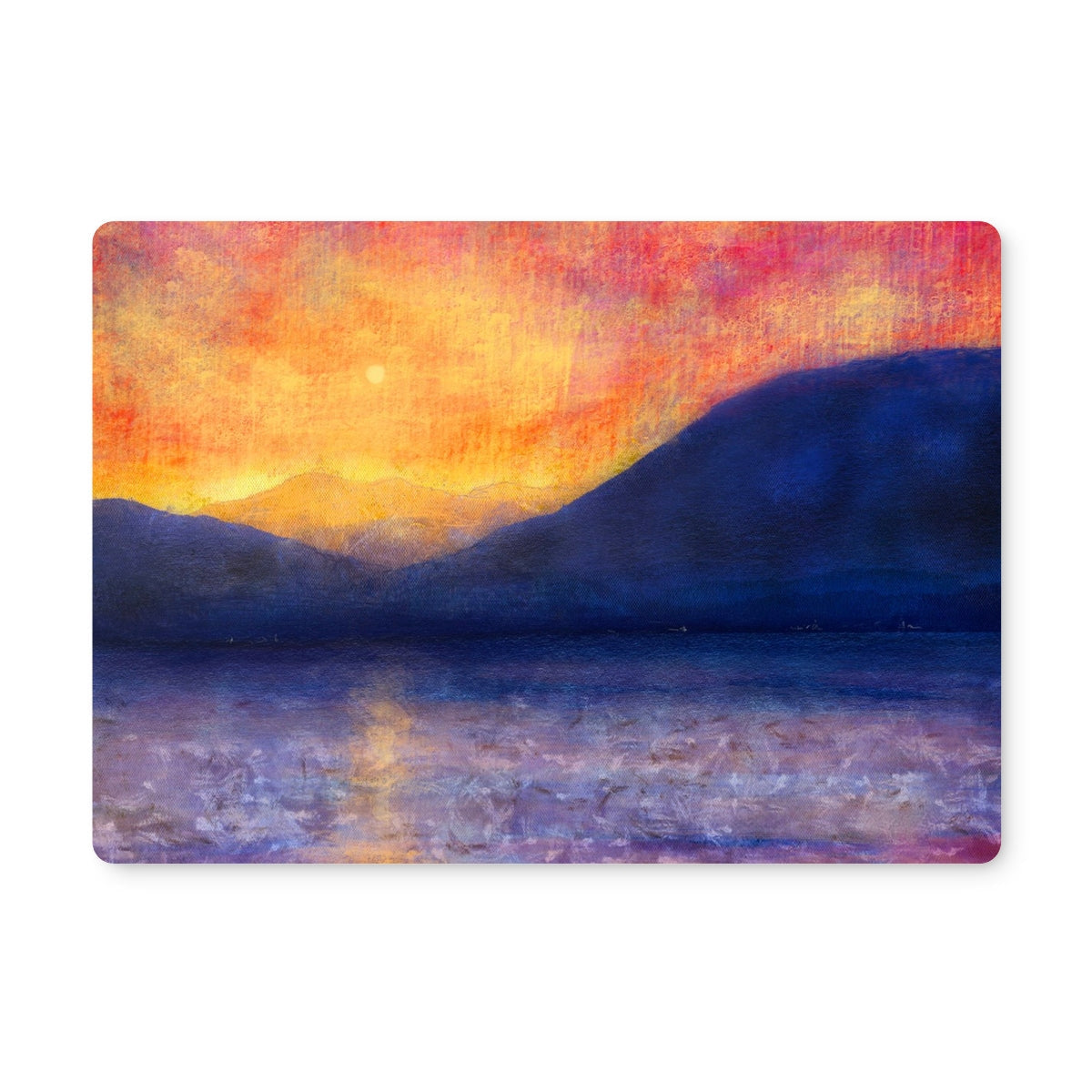 Watercolor sunset landscape placemat in vibrant orange and purple hues