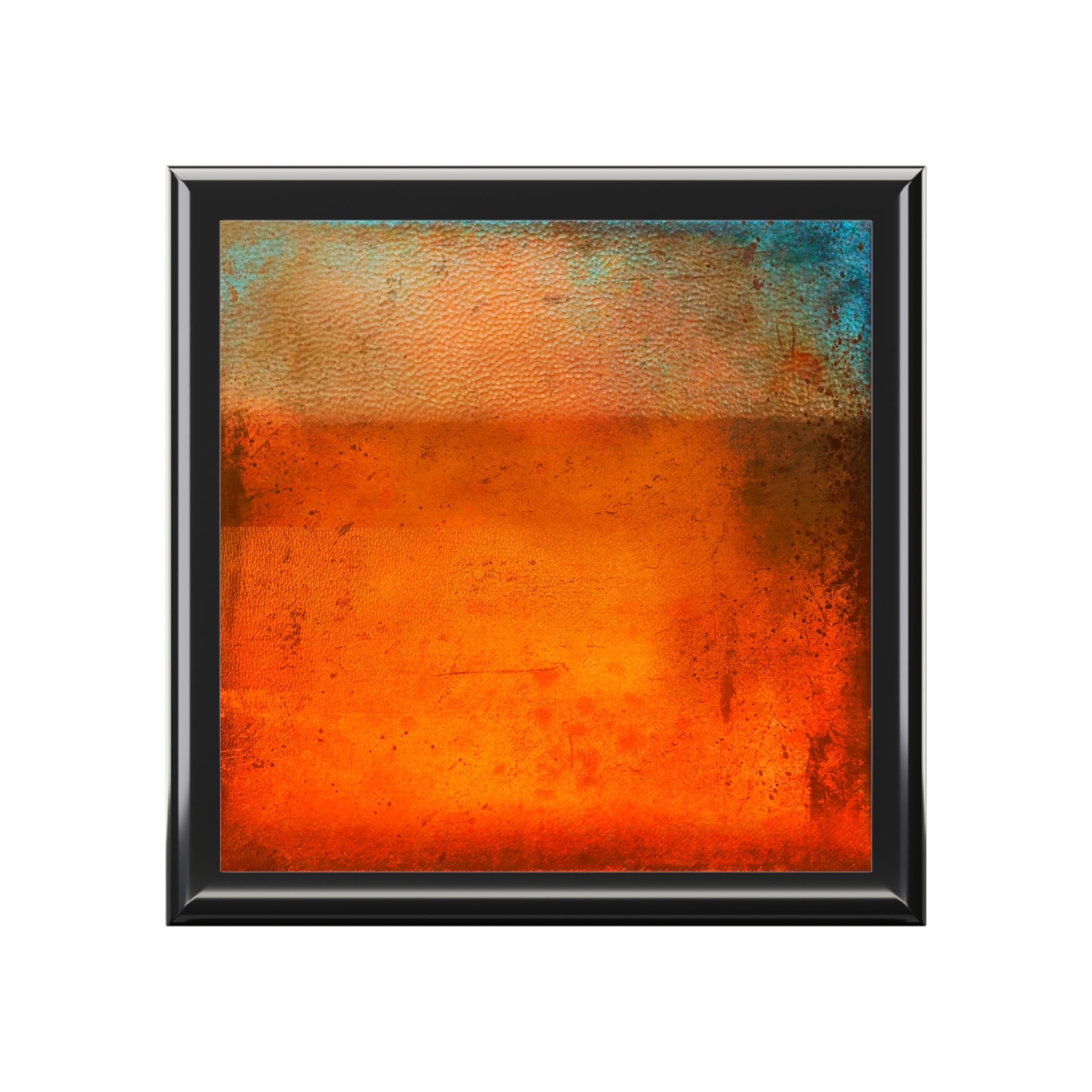 Framed abstract painting with dominant orange and hints of blue in Sunset Horizon Art Jewellery Box