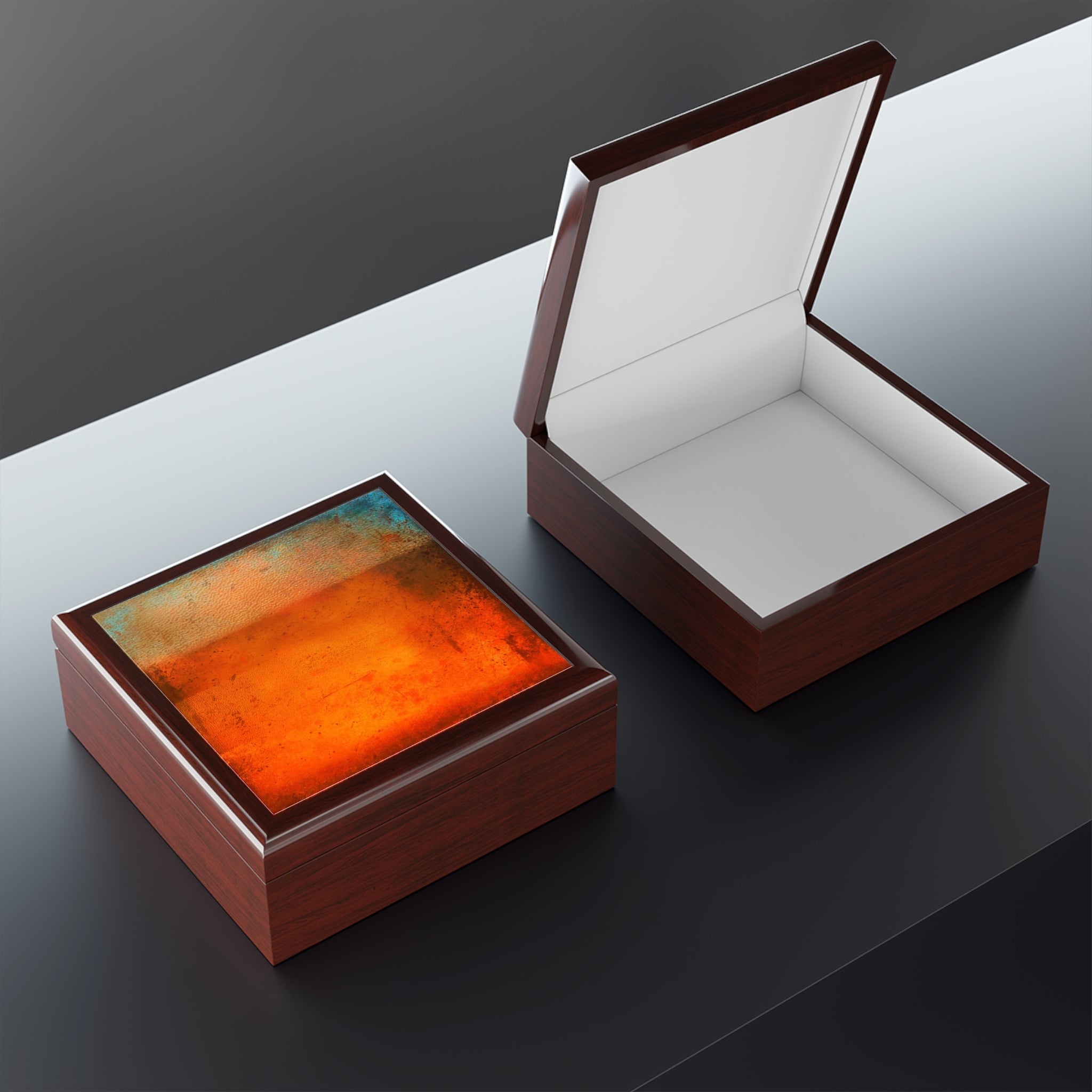 Wooden Sunset Horizon Art Jewellery Box with open white interior and abstract orange blue lid