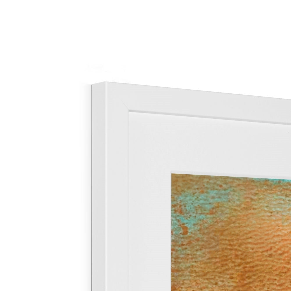 White framed Sunset Horizon abstract painting with orange teal textures