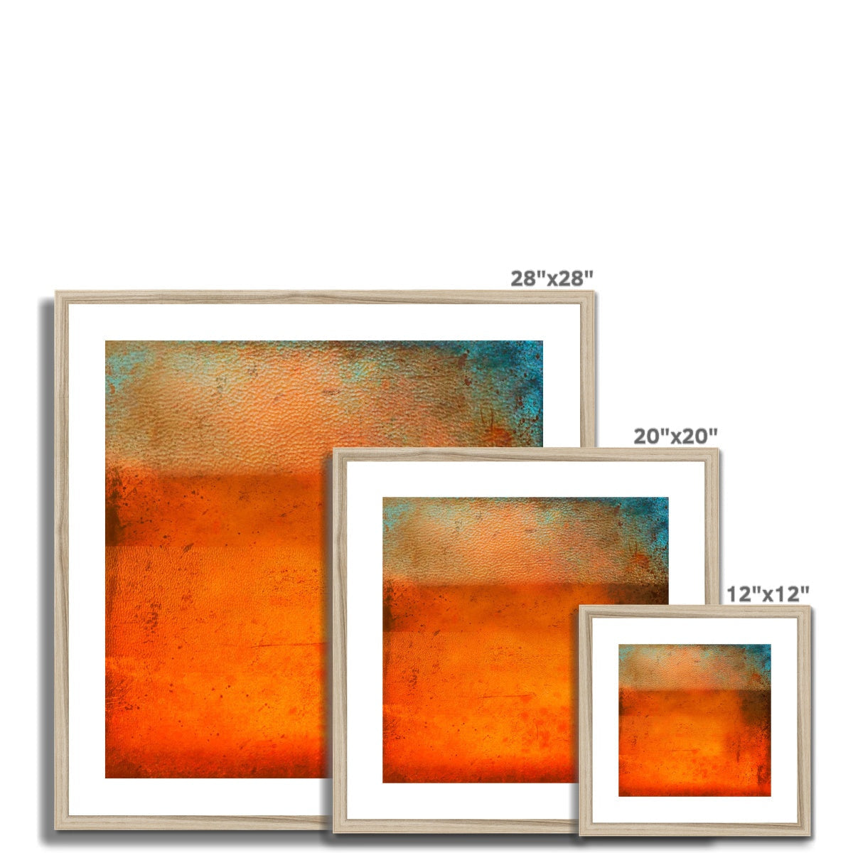 Three framed Sunset Horizon abstract art prints in warm orange teal gradients