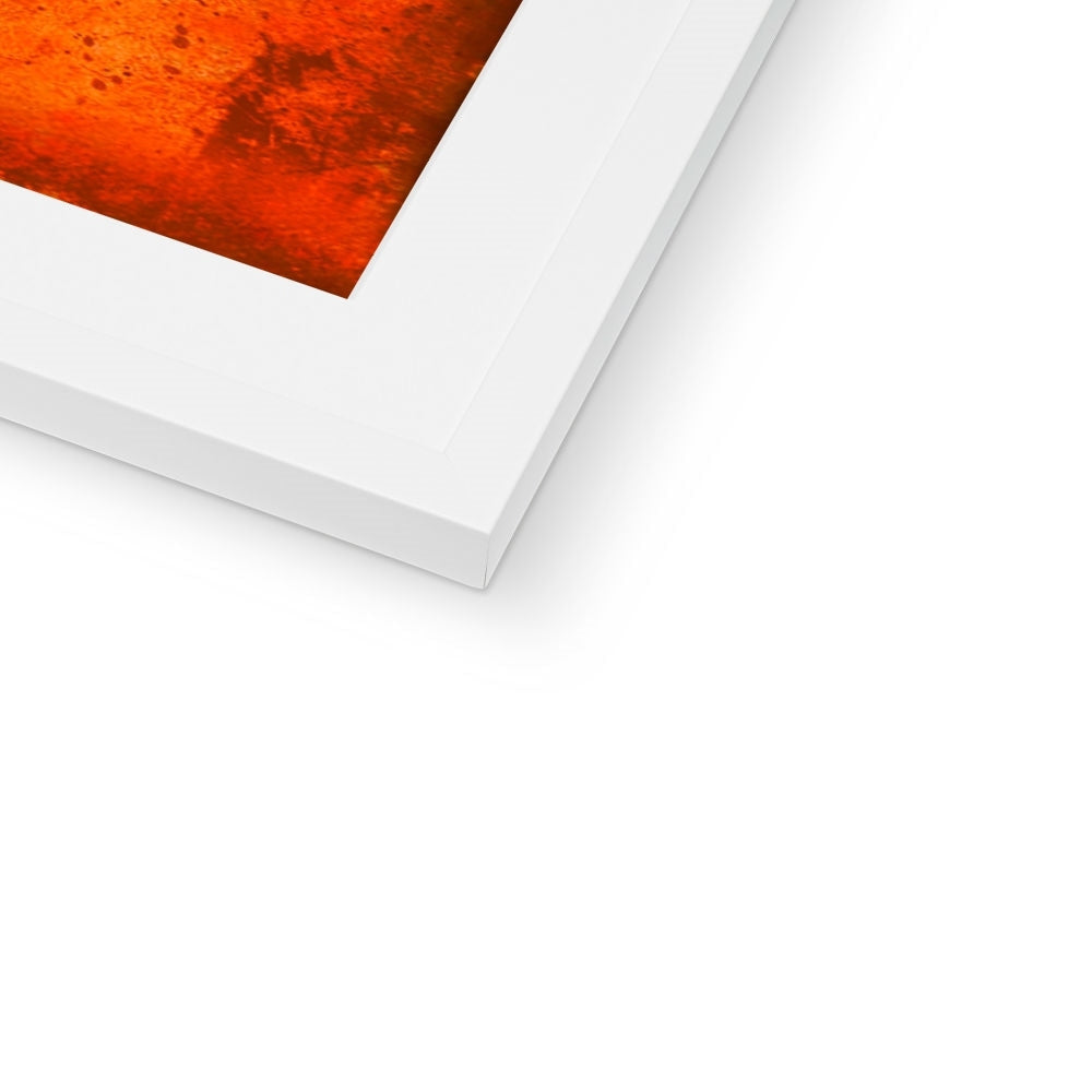 White framed Sunset Horizon abstract art print with vibrant orange red textured canvas