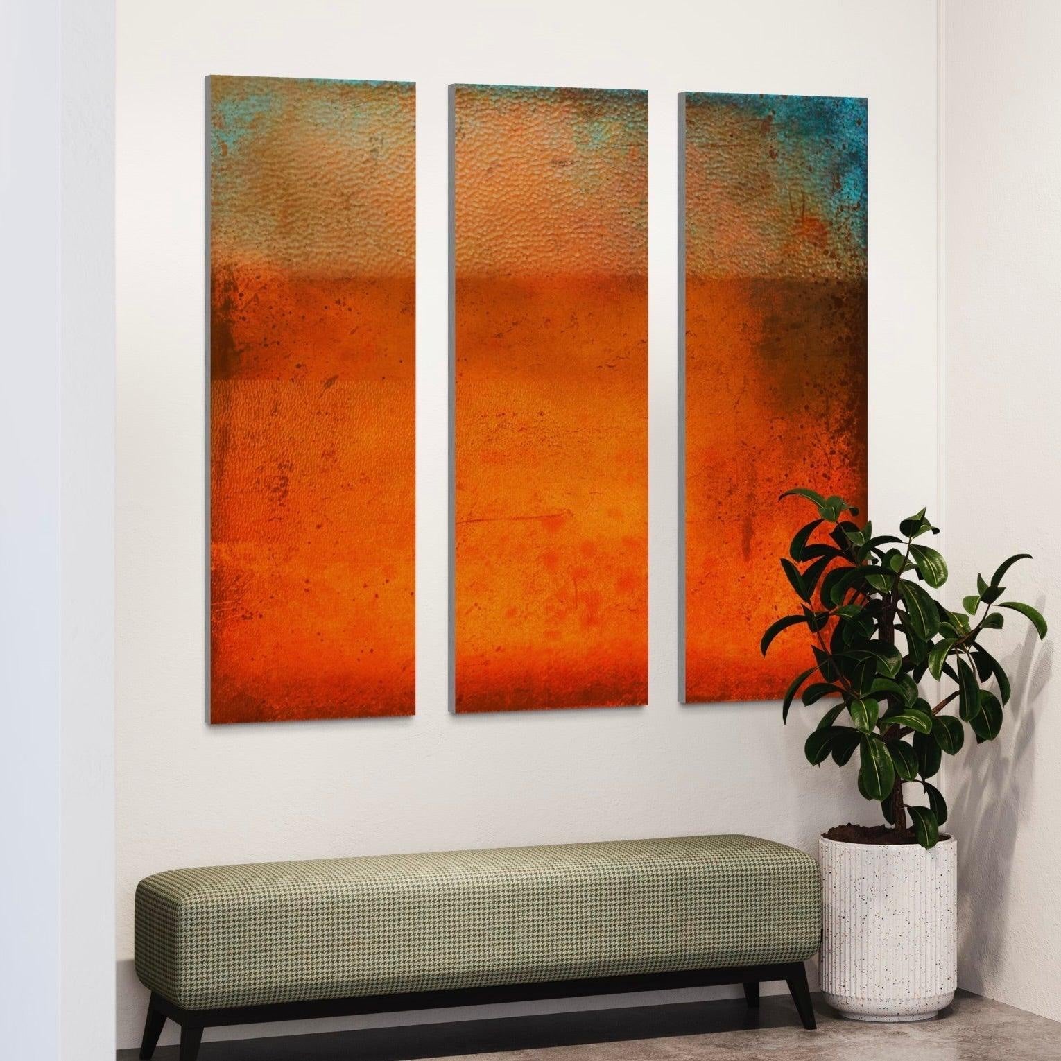 Three rectangular abstract art panels with warm orange and teal hues for Sunset Horizon Triptych from Scotland