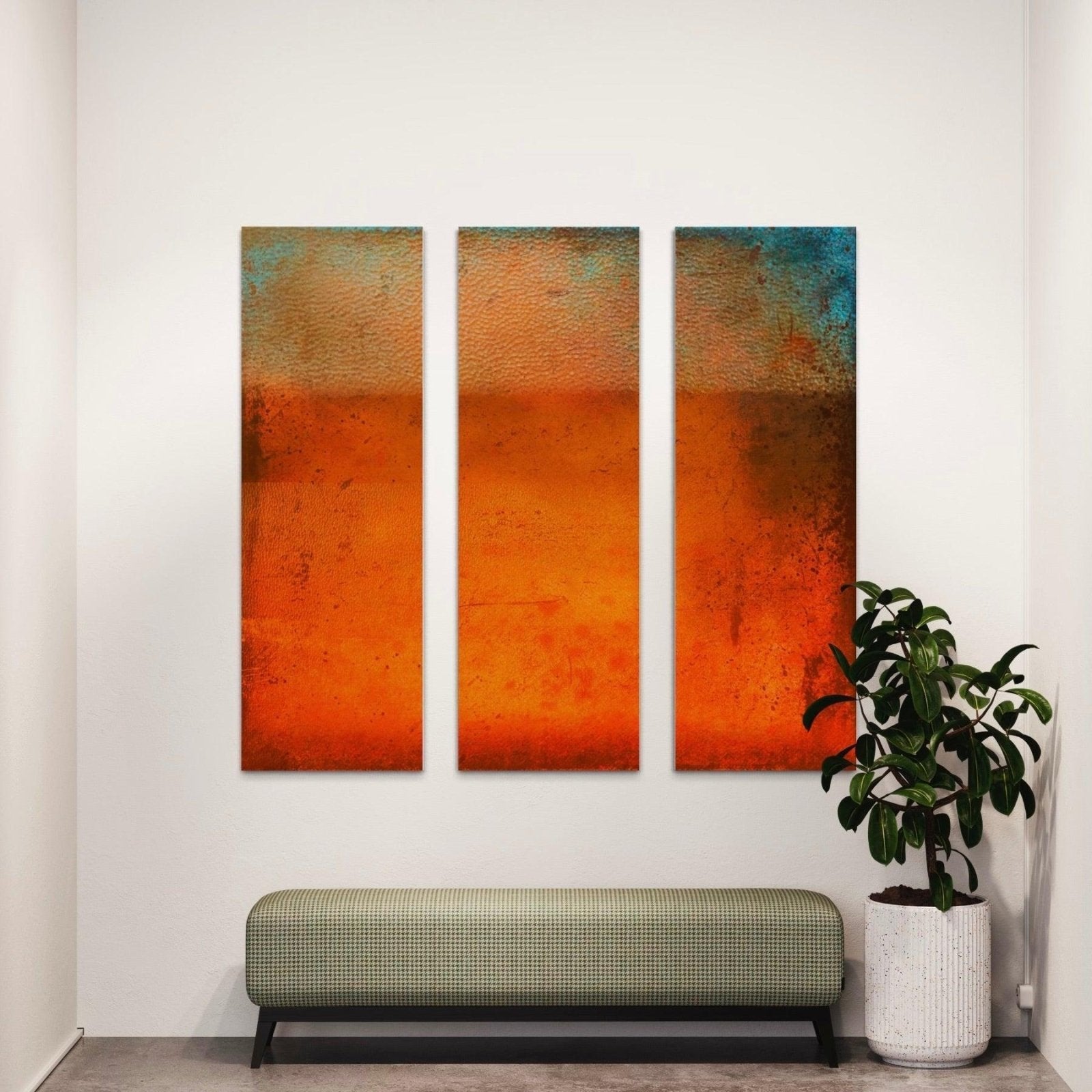 Three tall abstract paintings with orange and blue gradients in Sunset Horizon Triptych from Scotland