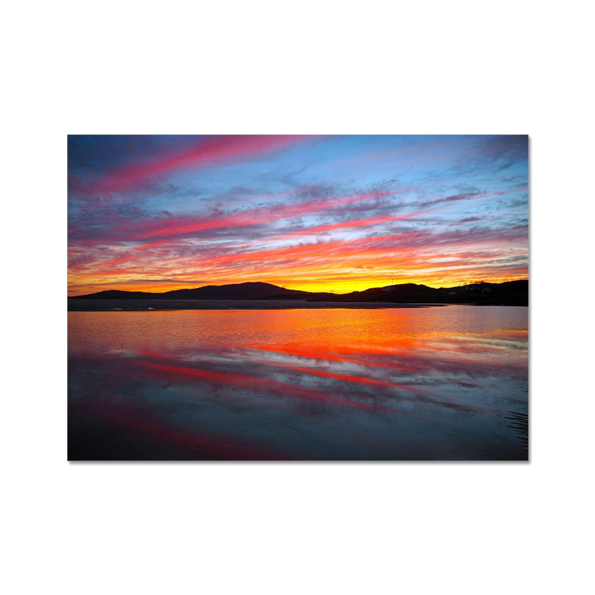 Vibrant sunset over Luskentyre Beach canvas print with pink, orange, blue sky reflected in calm water