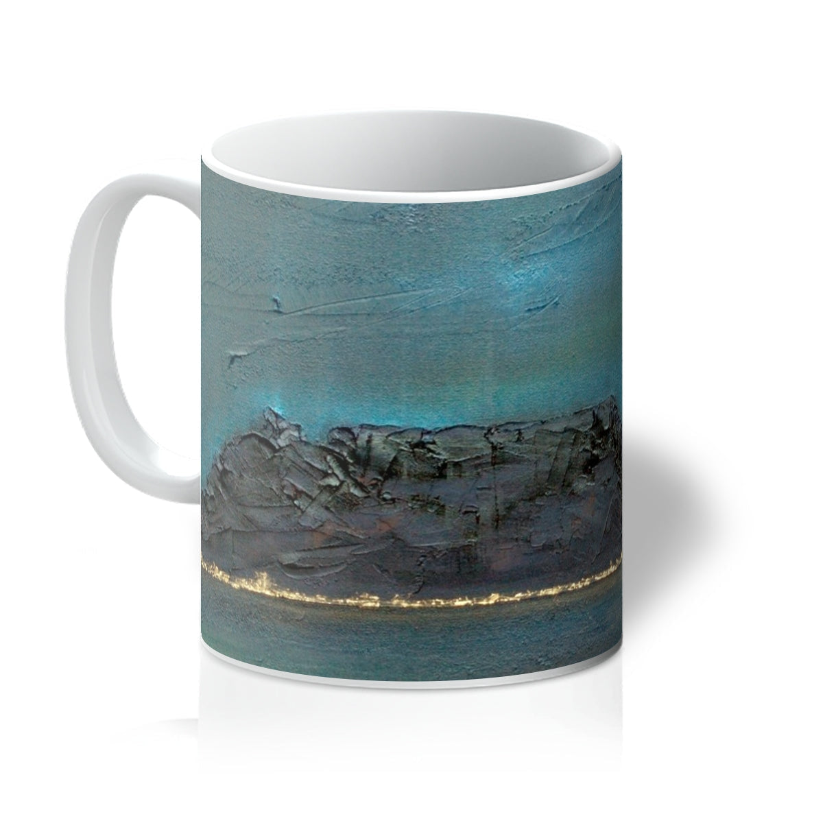 Table Mountain South Africa mug with abstract ocean design in deep blues and greens