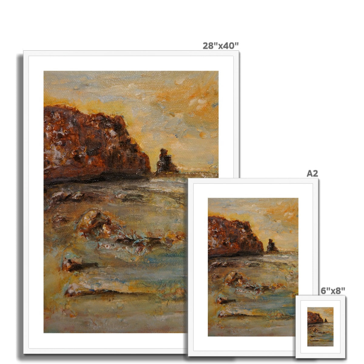 Framed oil painting of Talisker Bay coastal scene in warm tones