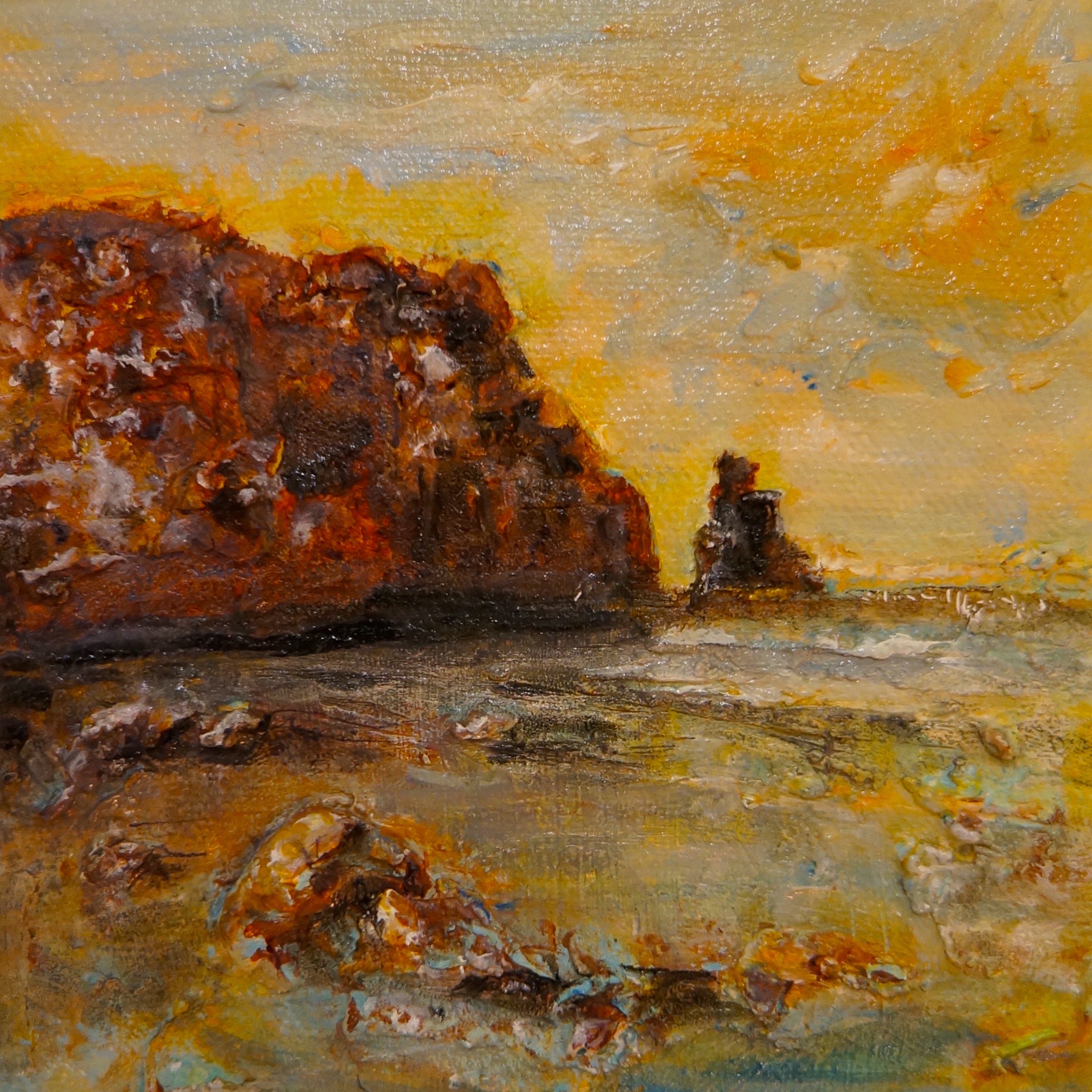 Textured oil painting of Talisker Bay Scotland at sunset for Scotland In Your Pocket