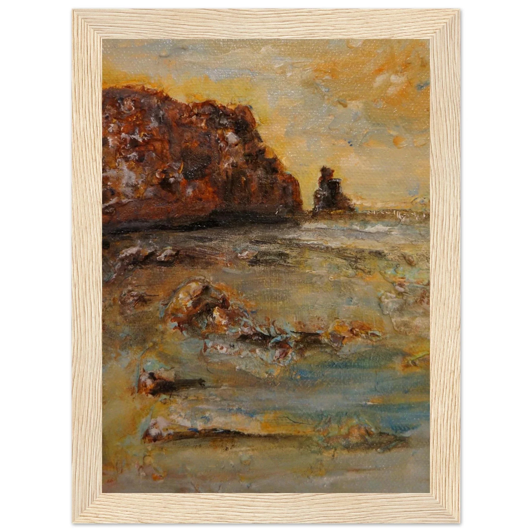 Framed oil painting of Talisker Bay coastal scene in earthy tones
