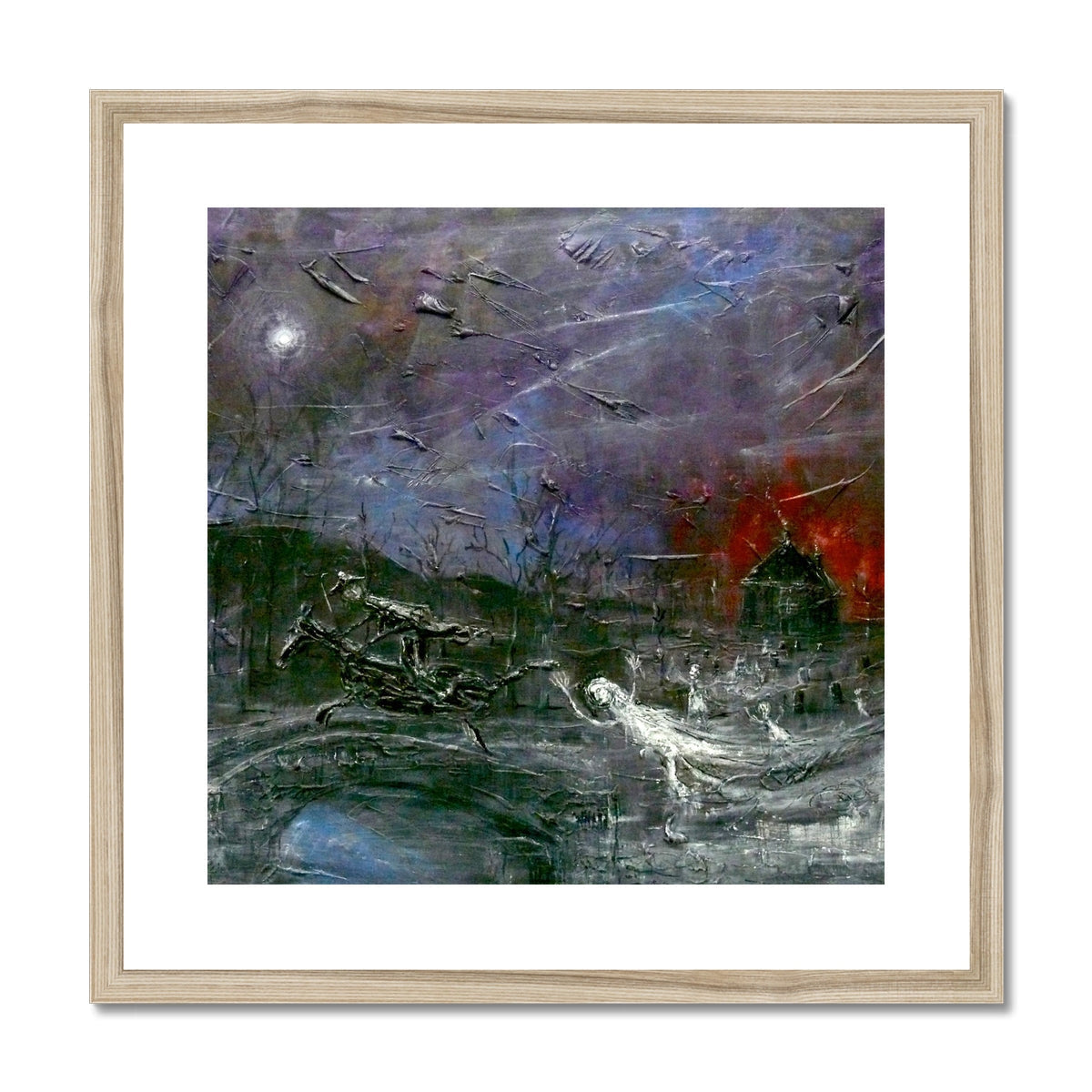 Abstract Tam o Shanter print: textured purple gray painting with red glow