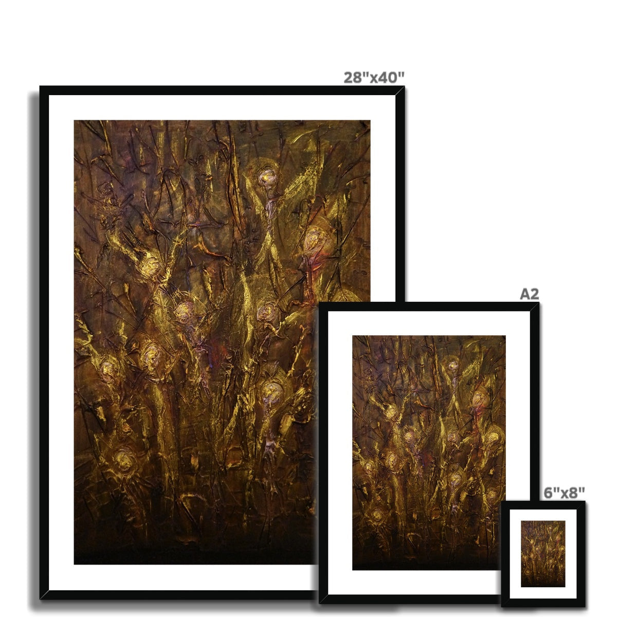 Black-framed abstract print of golden tree-like witches on dark brown background