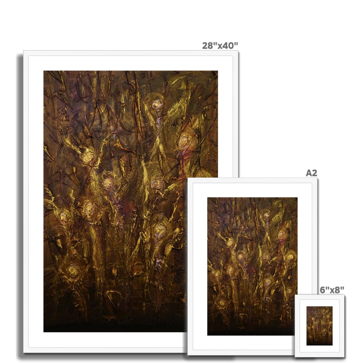 Abstract Tam o Shanter Witches art print in white frame, golden brown tones