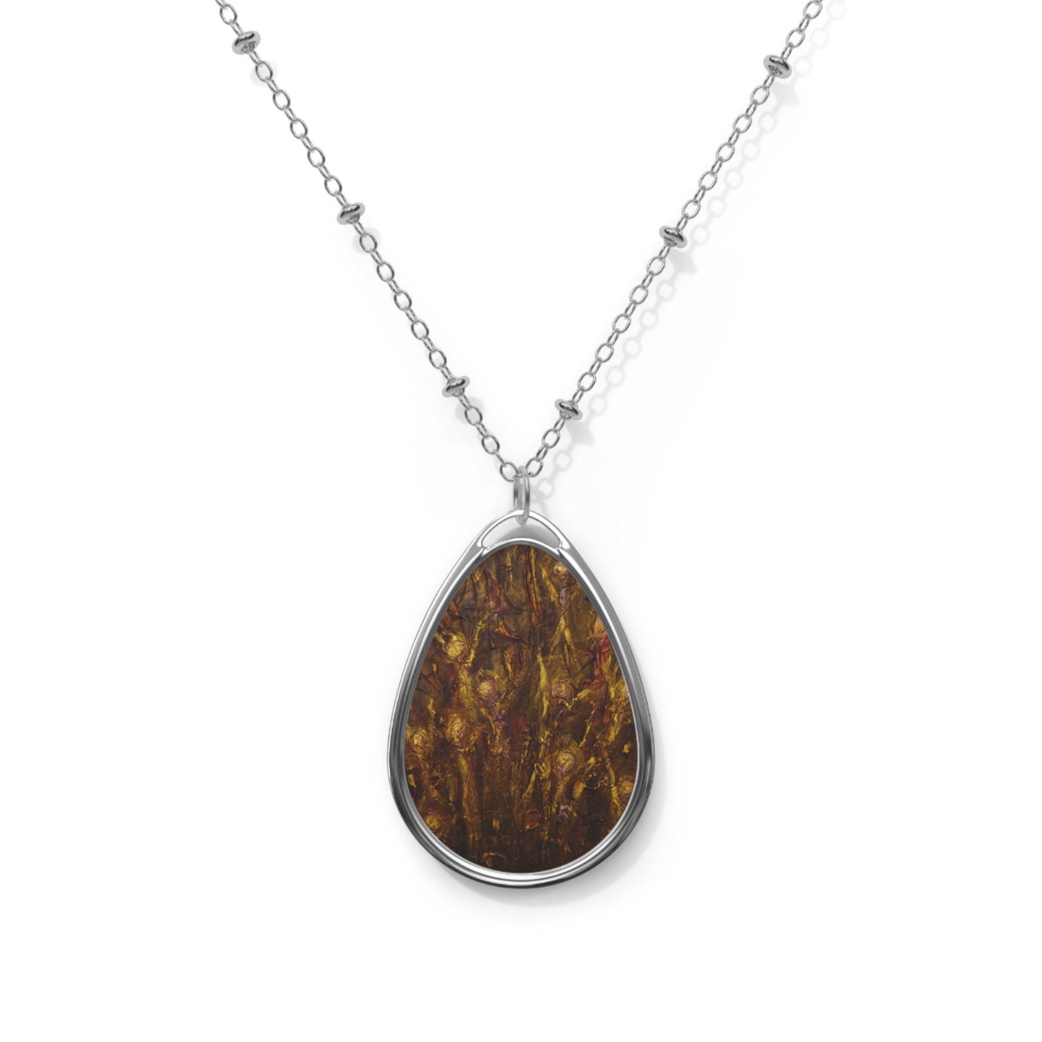 Silver chain necklace with teardrop brown and gold Scottish art jewellery pendant