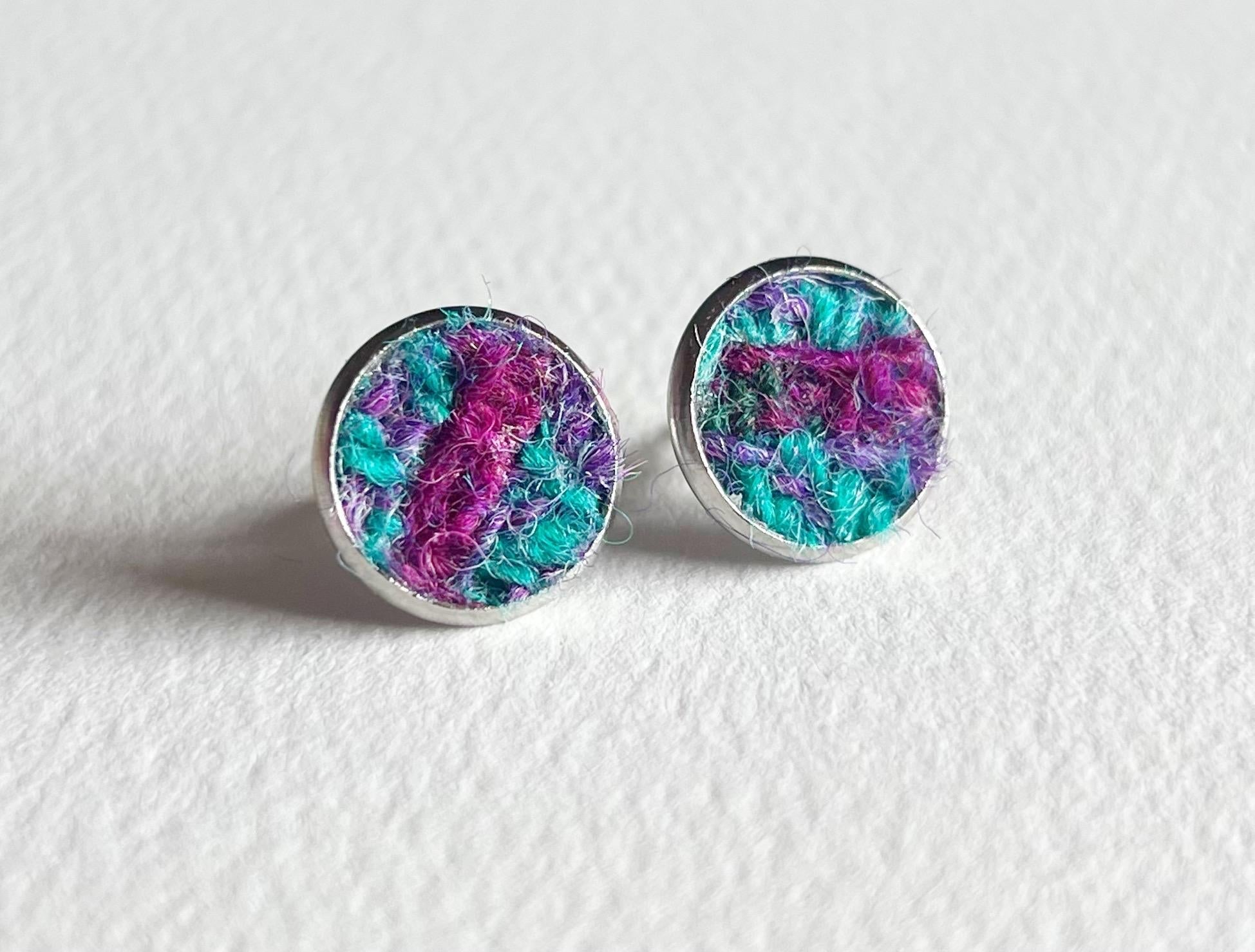 Round stud earrings with colorful teal and magenta Harris Tweed patchwork design
