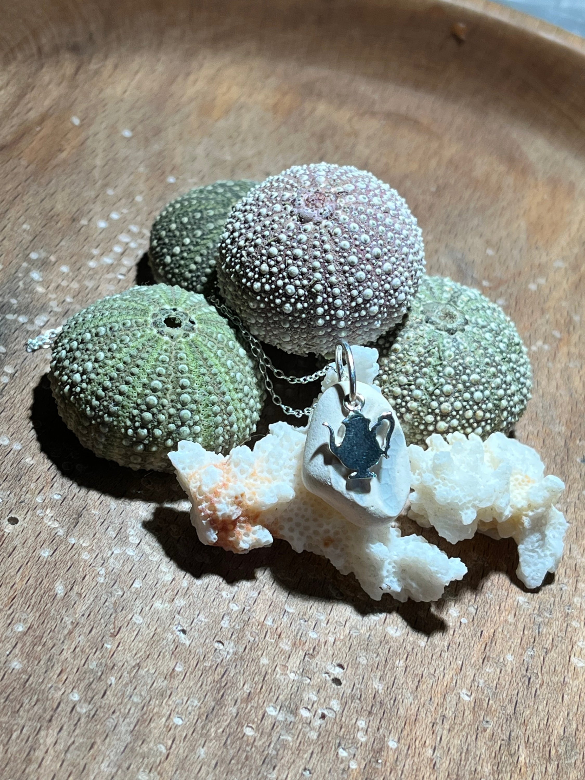 Silver Teapot Scottish Sea Pottery 925 Pendant on White Sea Glass with Delicate Chain