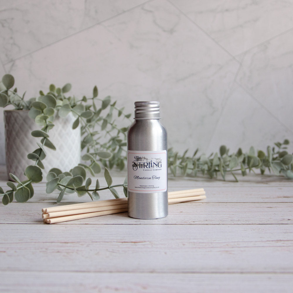 Silver aluminum diffuser refill bottle 100ml with white shring candle company mandarin fung label and wooden reed sticks