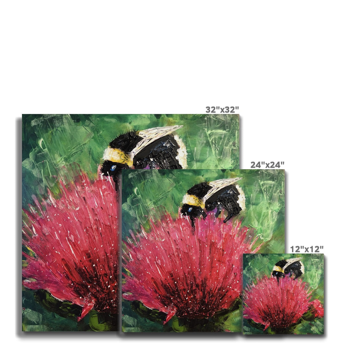 Red thistle flower canvas print with bee, 12x12 inches