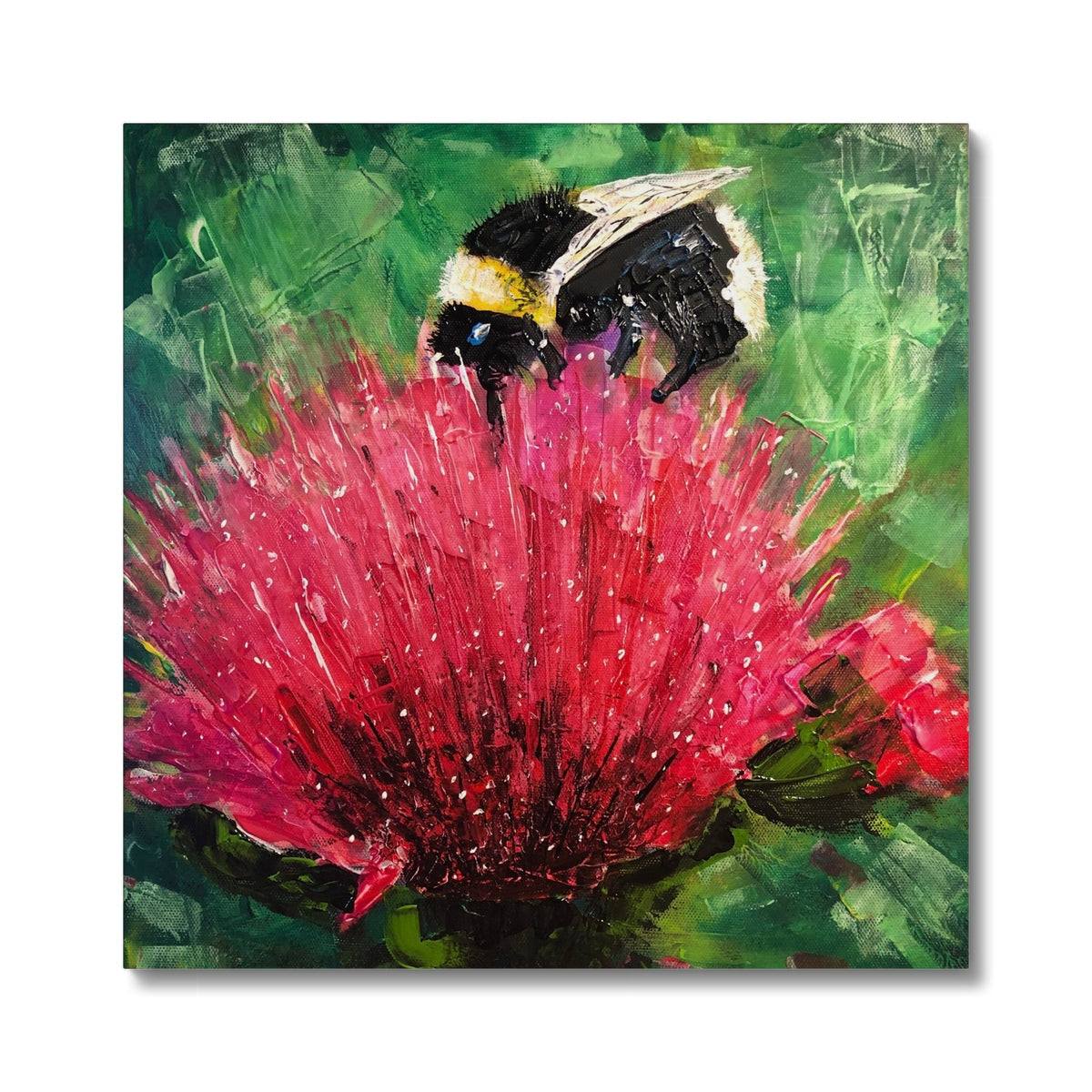 Red thistle flower with bumblebee acrylic painting canvas print