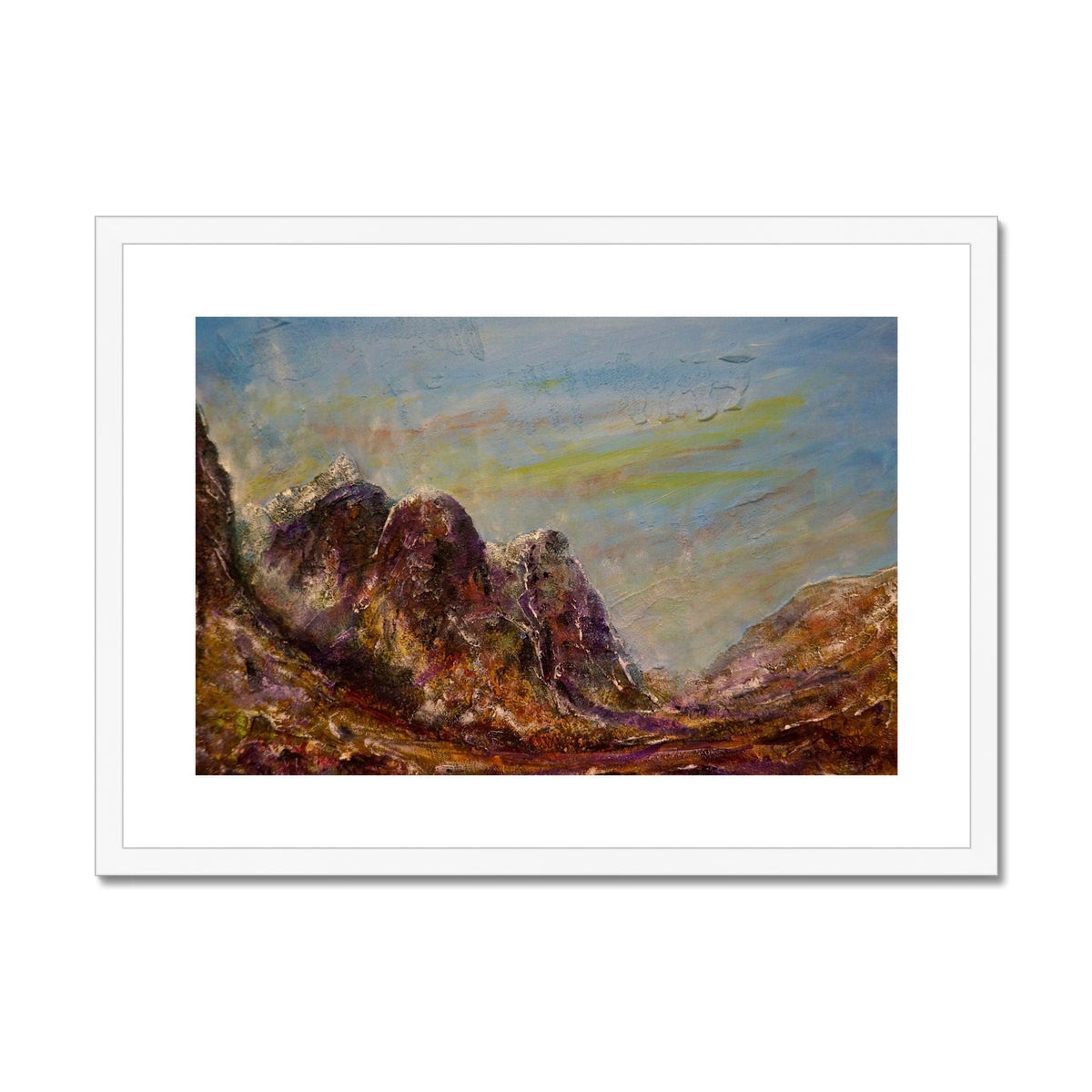 Three Sisters Glencoe white framed art print of green brown mountain landscape