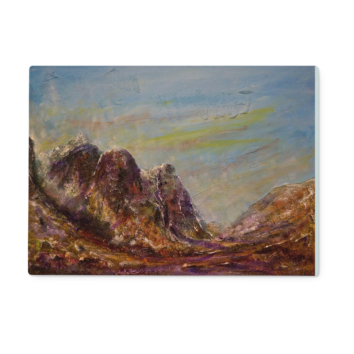 Three Sisters Glencoe glass chopping board with mountain landscape painting