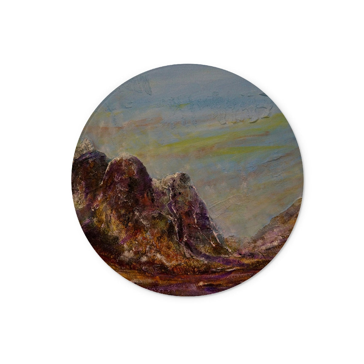 Purple brown textured ceramic coaster with Three Sisters Glencoe mountain design