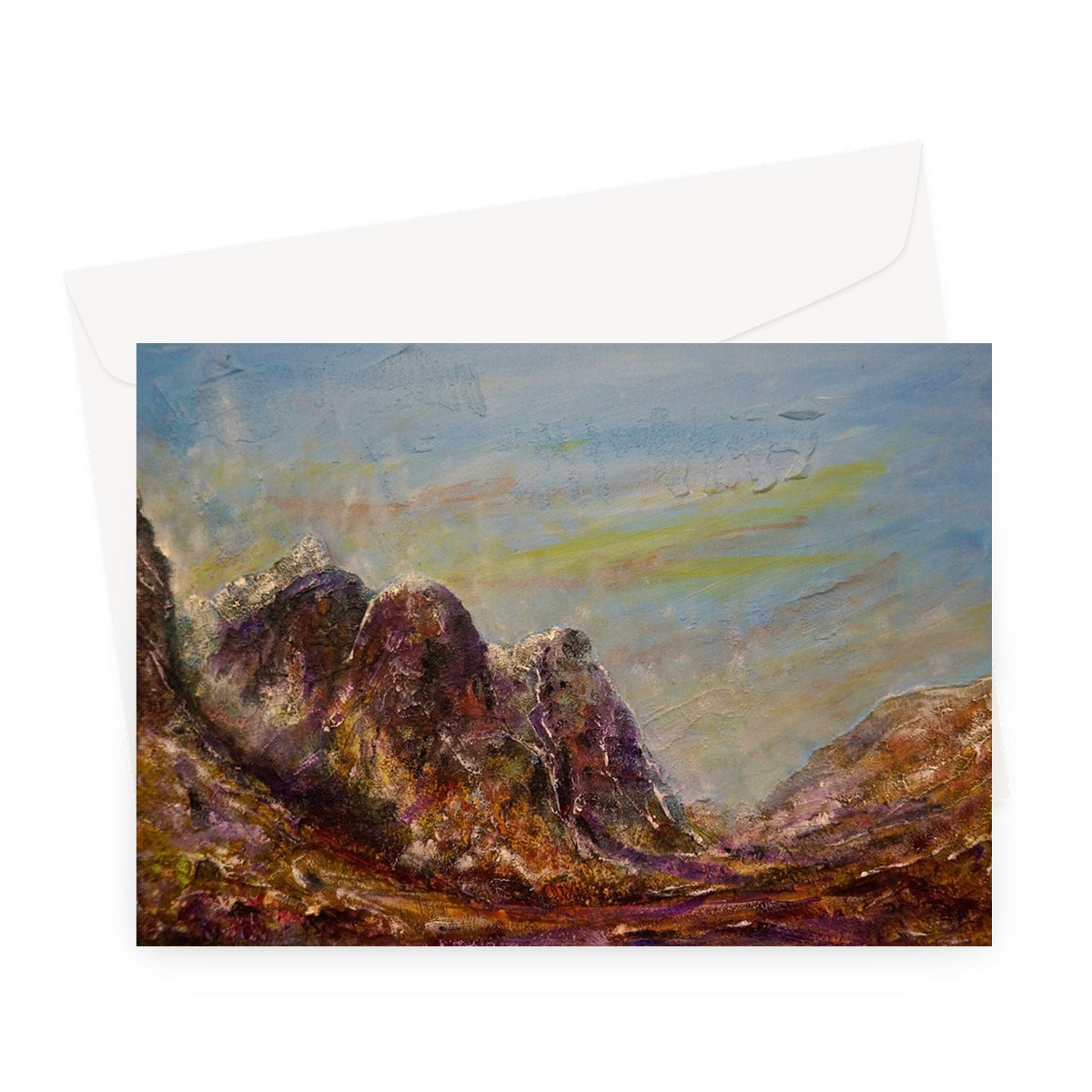 Three Sisters Glencoe greeting card with textured mountain landscape