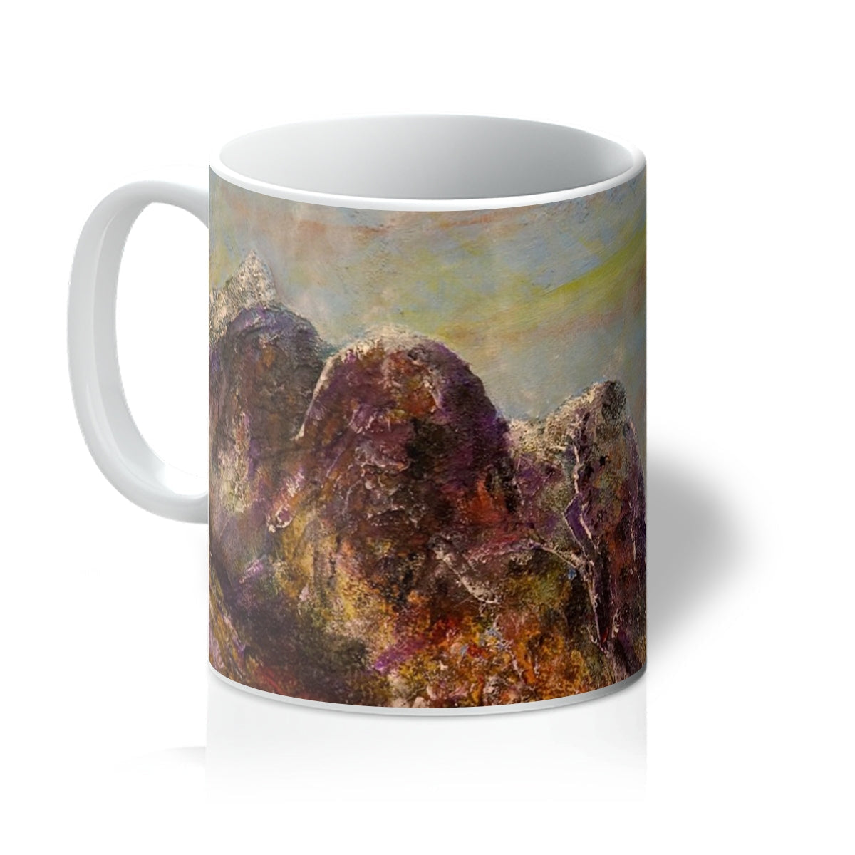 Three Sisters Glencoe ceramic mug with abstract multicolored mountain design