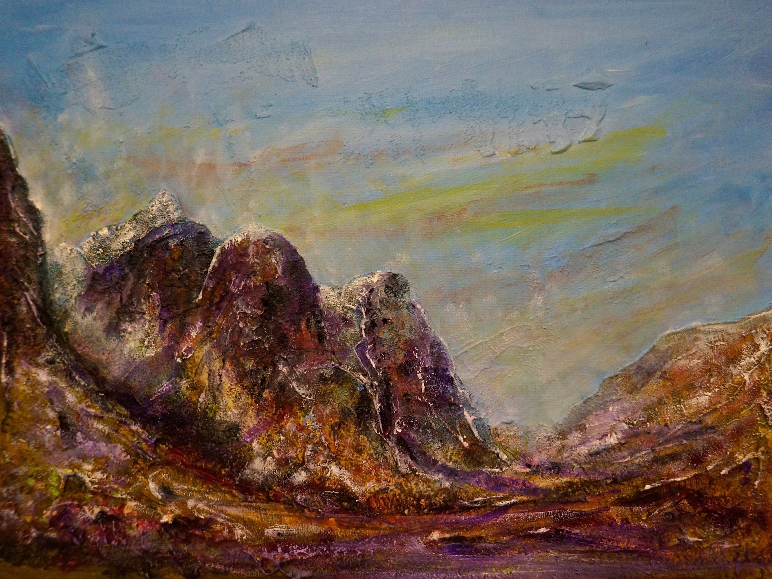 Textured mountain landscape painting titled Three Sisters Glencoe Original Painting