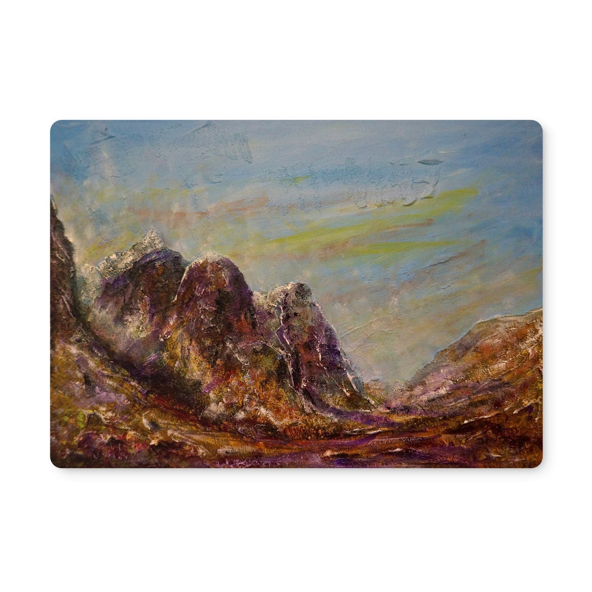 Three Sisters Glencoe placemat with mountain peaks painting