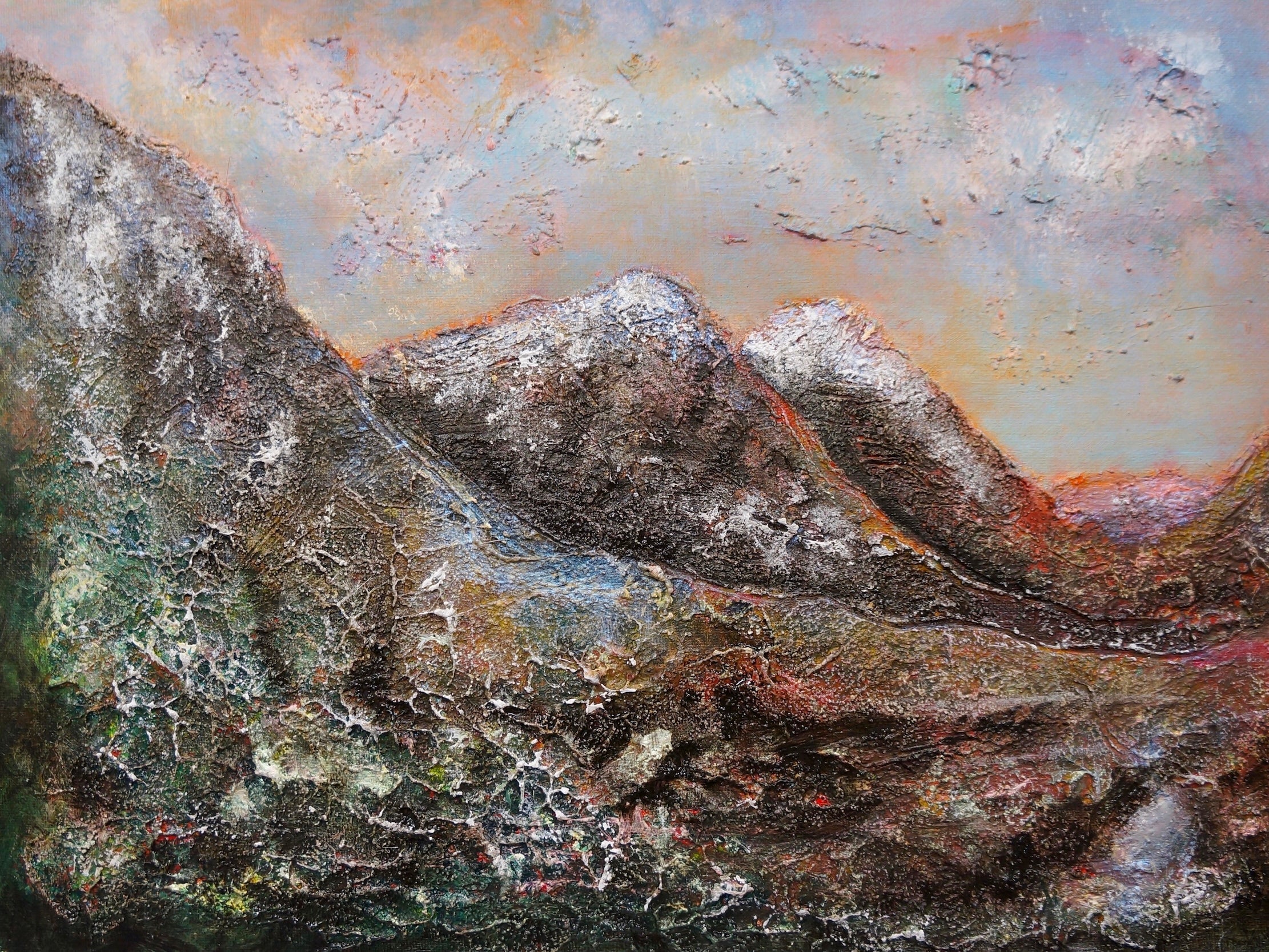 Textured mountainous landscape painting with colorful sky in Three Sisters Winter Original Painting