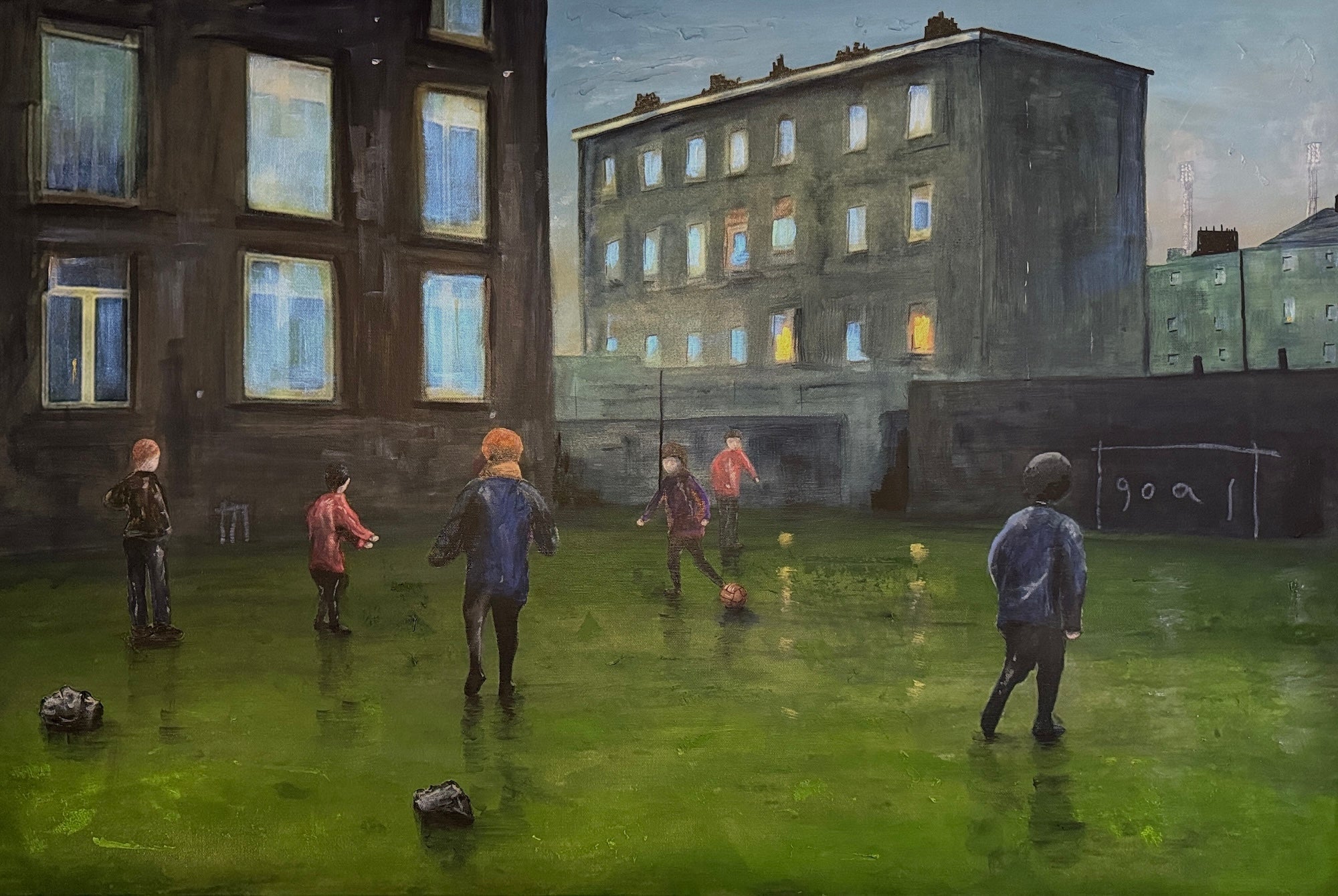 Oil painting of children playing football in an urban setting for Time - A Painting for the SFA Hampden Stadium & Adult Voices
