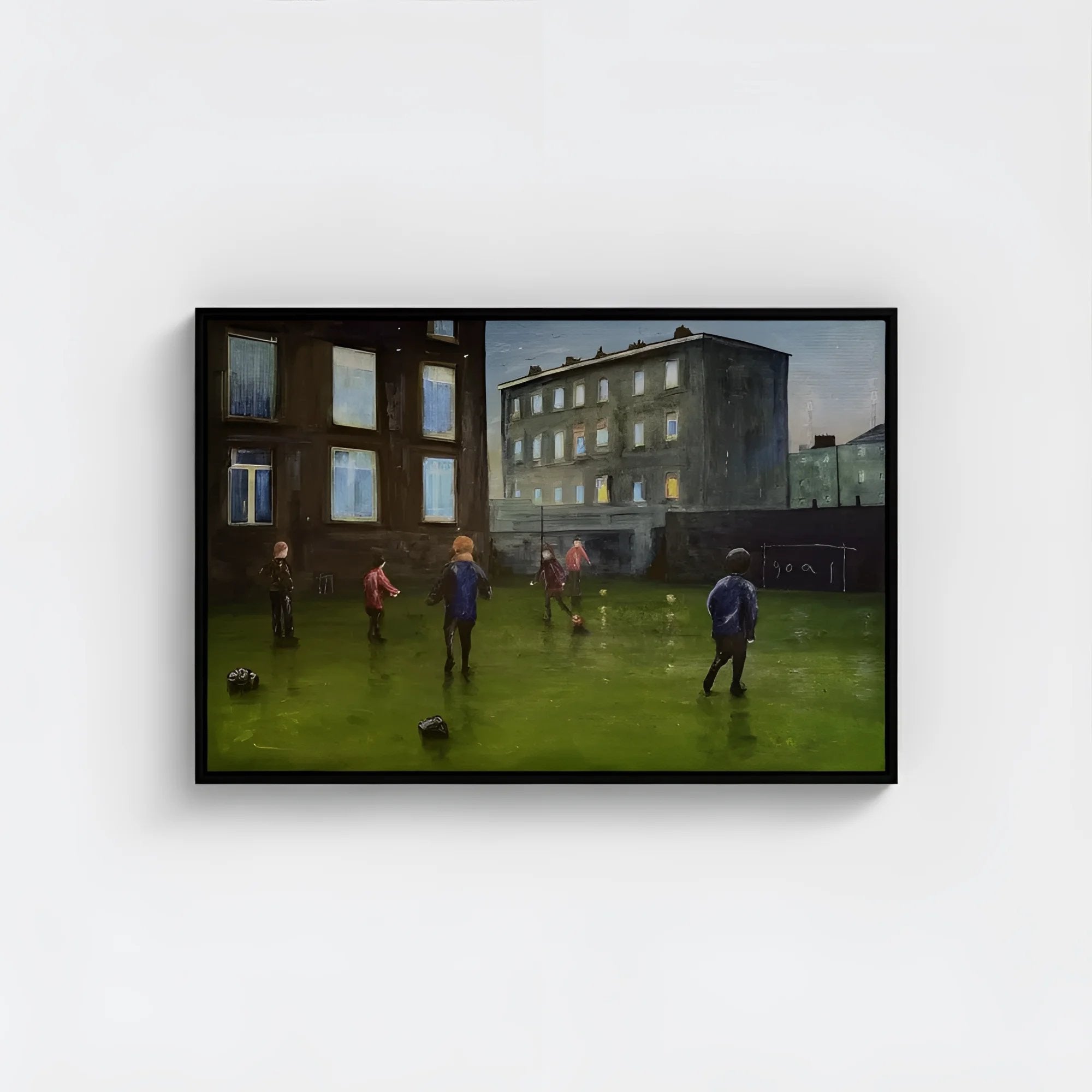 Framed landscape painting of children playing soccer in a courtyard at Hampden Stadium