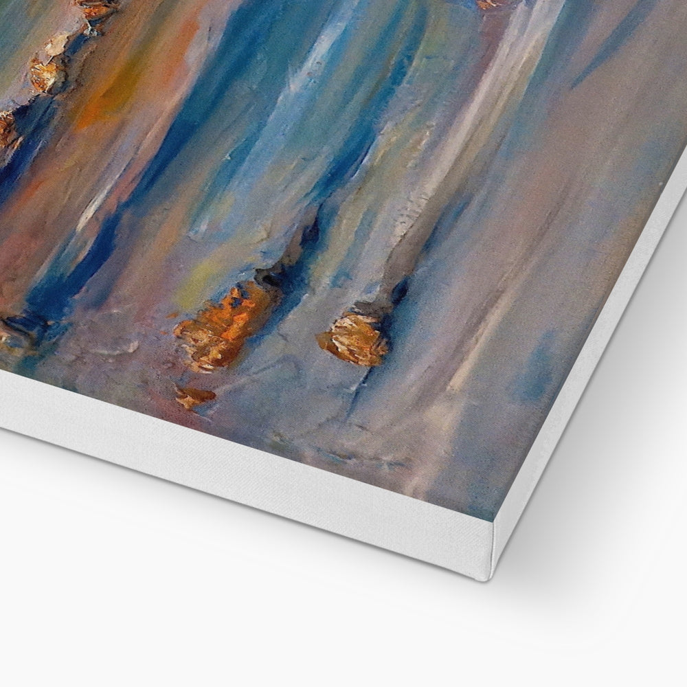 Tiree Dawn blue and brown abstract art canvas print in white frame