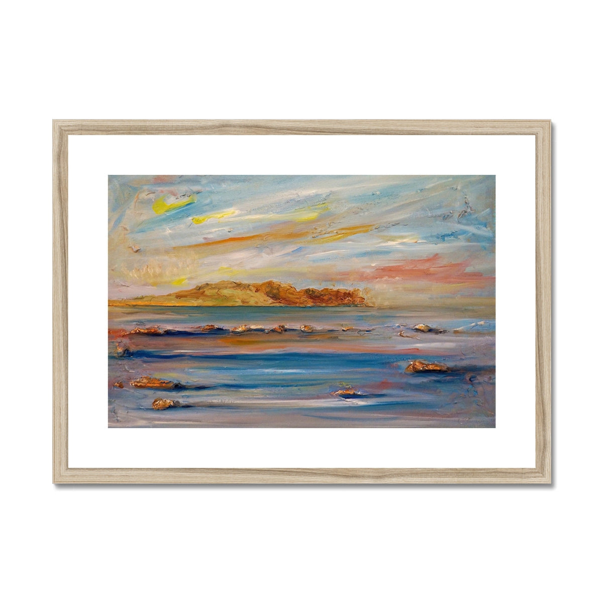 Tiree Dawn wooden framed abstract landscape art print in pastel colors