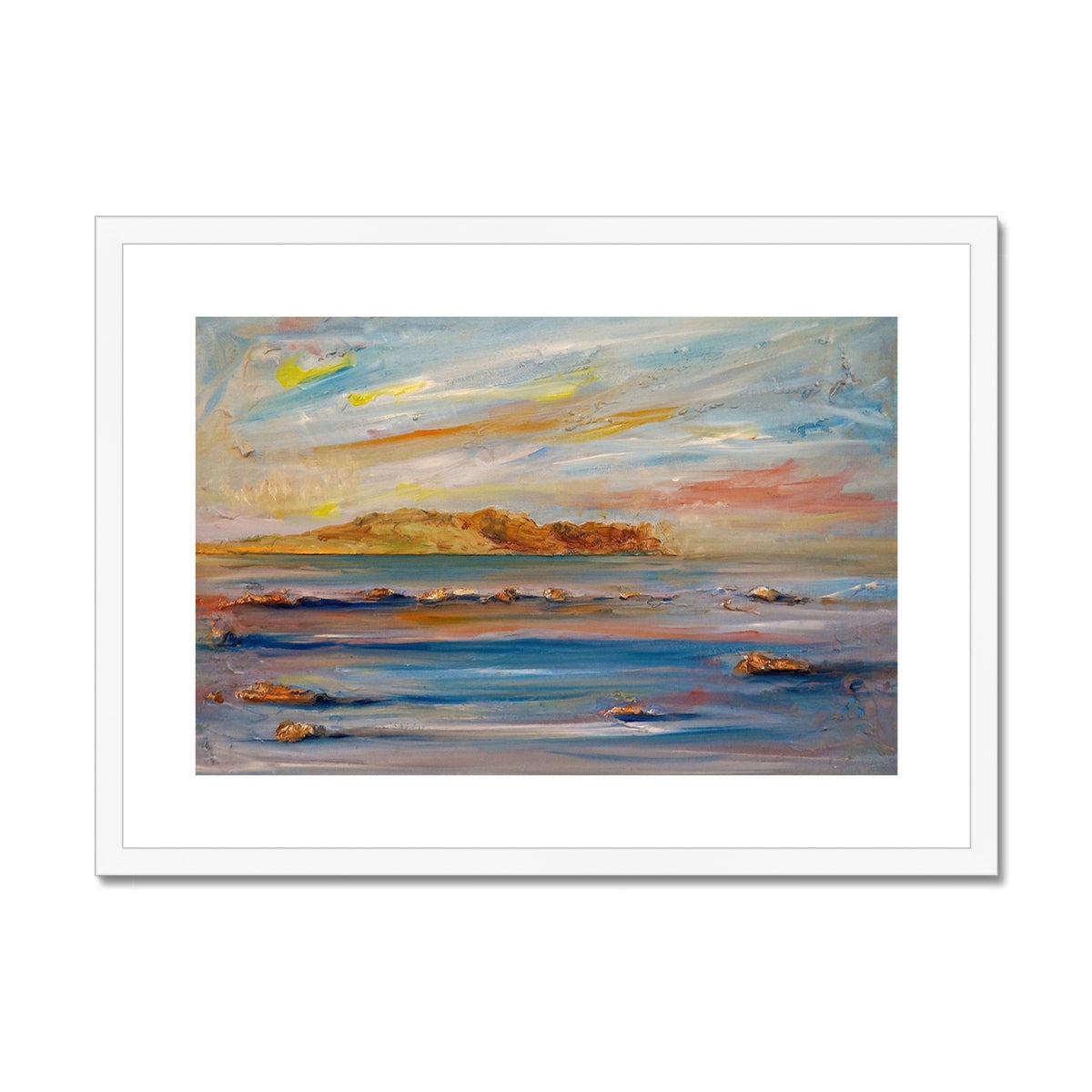 White framed Tiree Dawn painting of beach scene with ocean and island