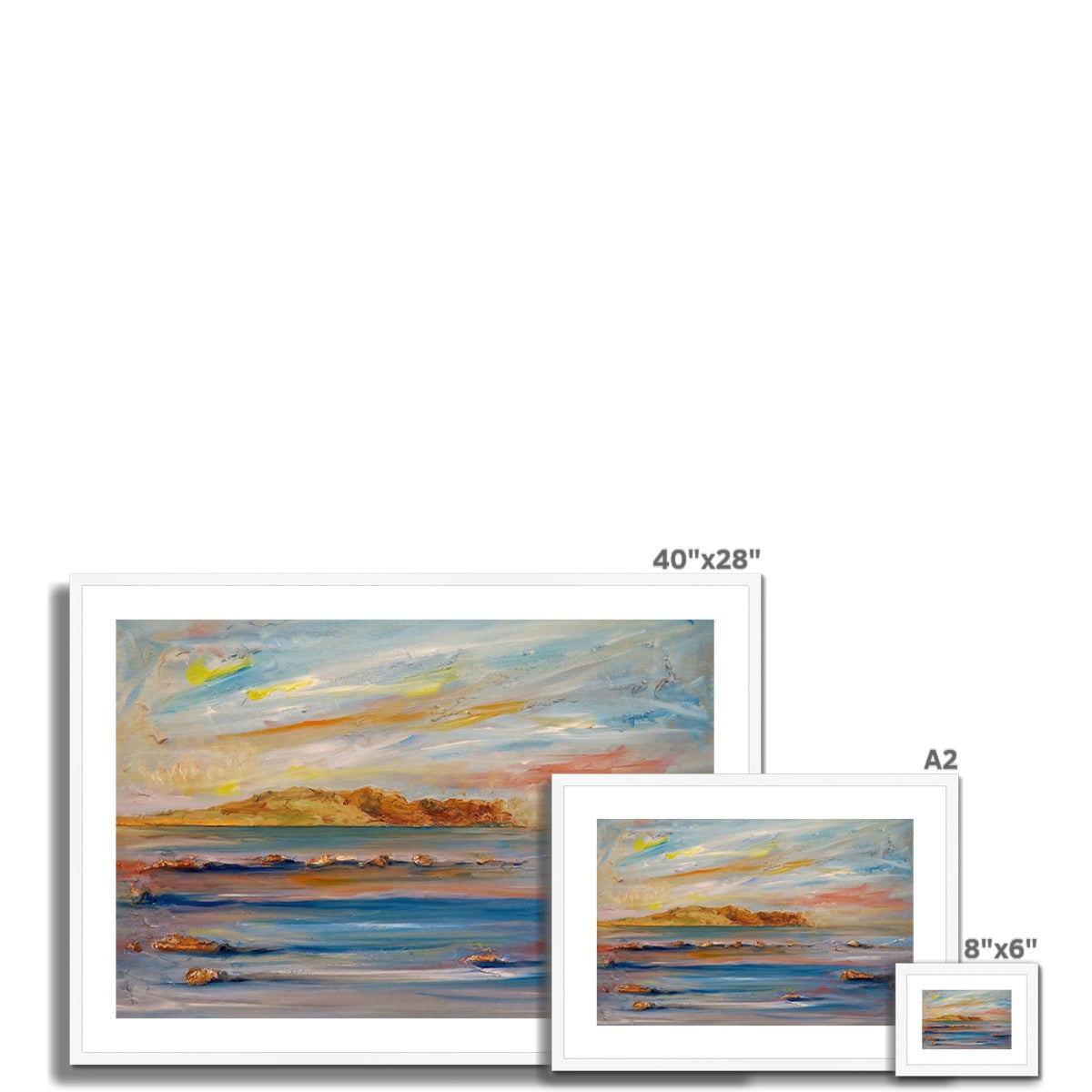 40x28 inch framed Tiree Dawn beach sunset painting in vibrant blues, oranges, yellows