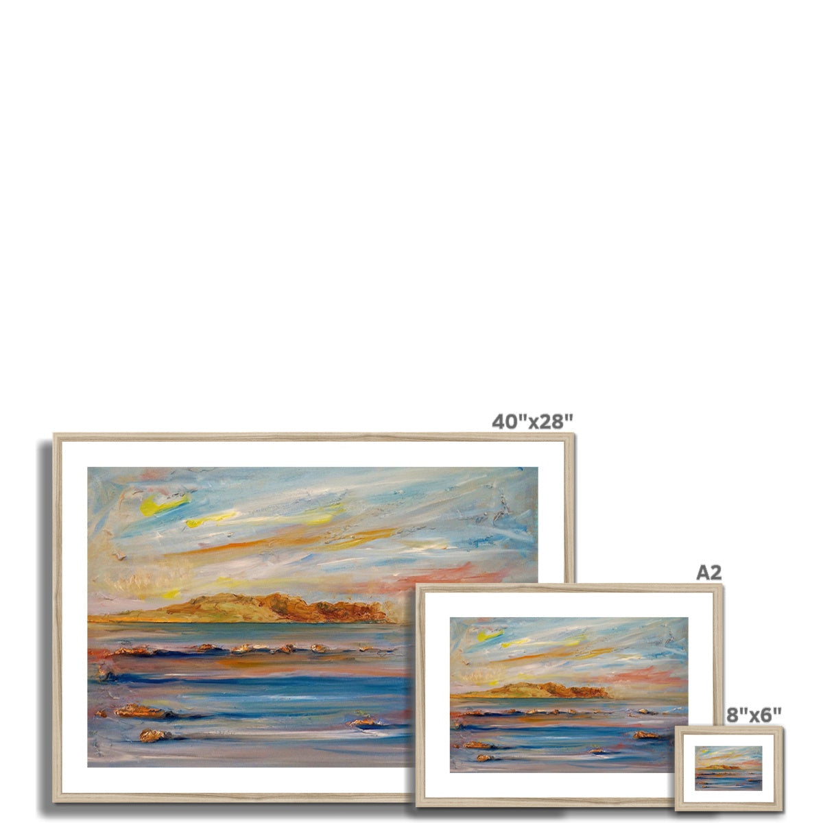 40x28 inch framed Tiree Dawn beach scene painting in pastel colors