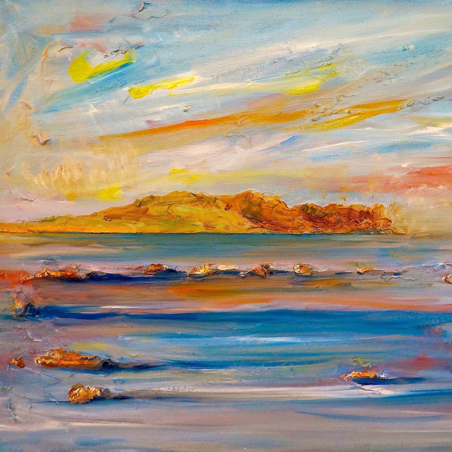 Impressionistic painting of a colorful sunset over water with distant landmass for Tiree Dawn Scotland In Your Pocket