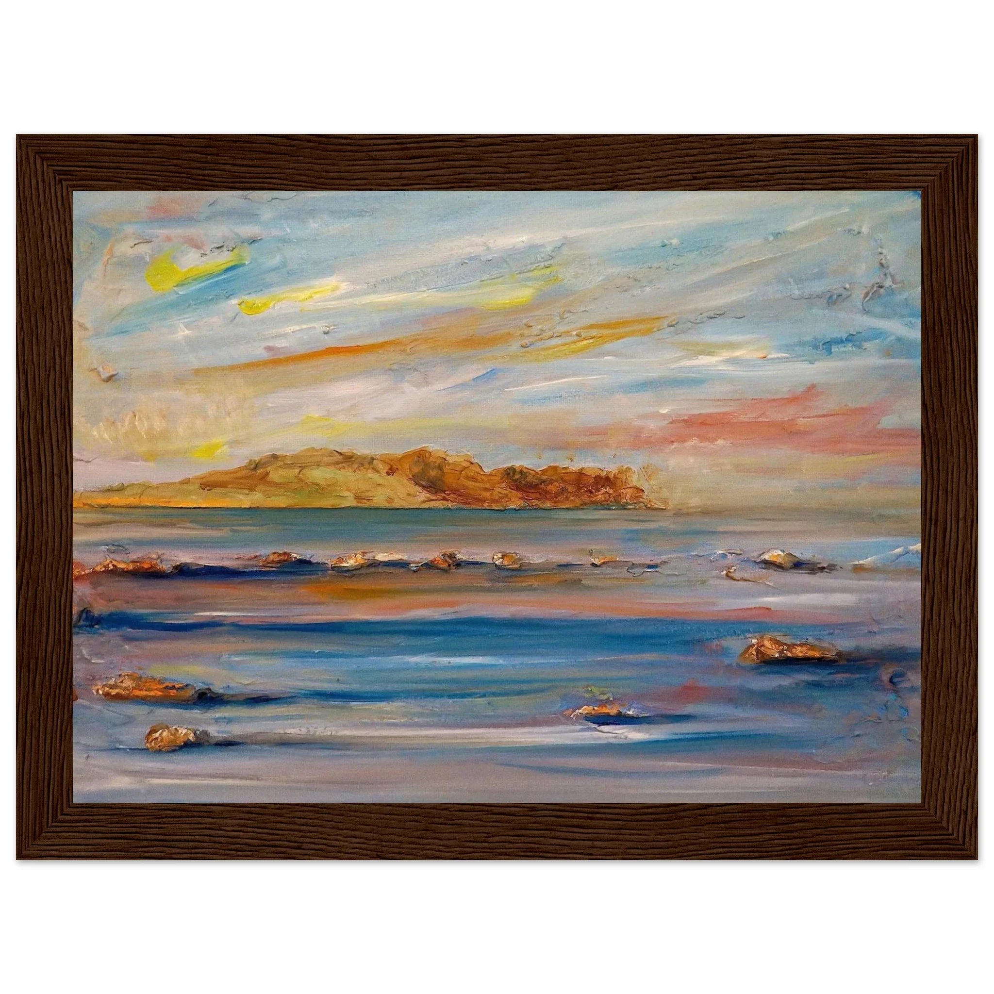 Framed Tiree Dawn impressionistic seascape painting with blue, orange, pink hues