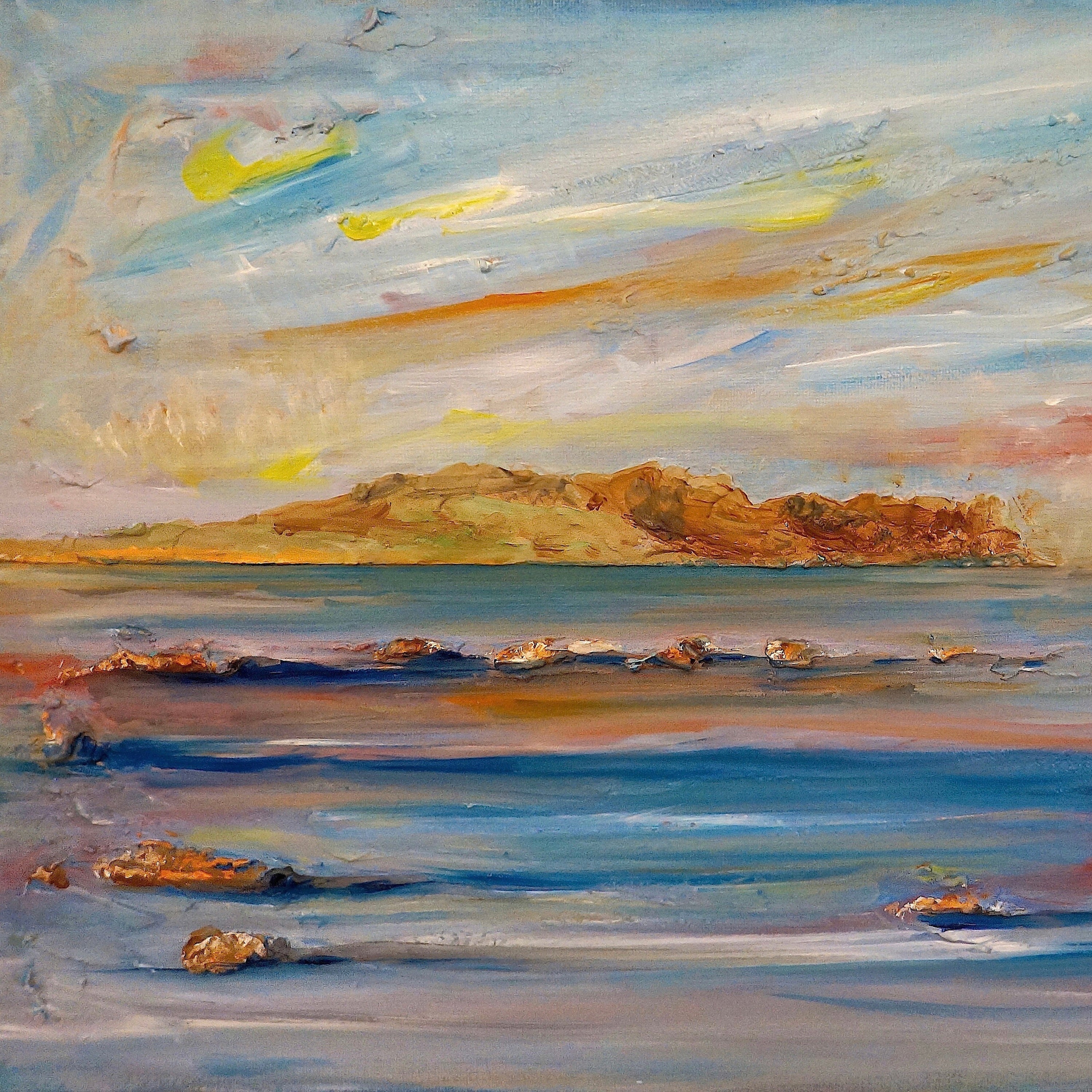 Impressionistic sunset painting over water and landmass in Tiree Dawn Scotland product