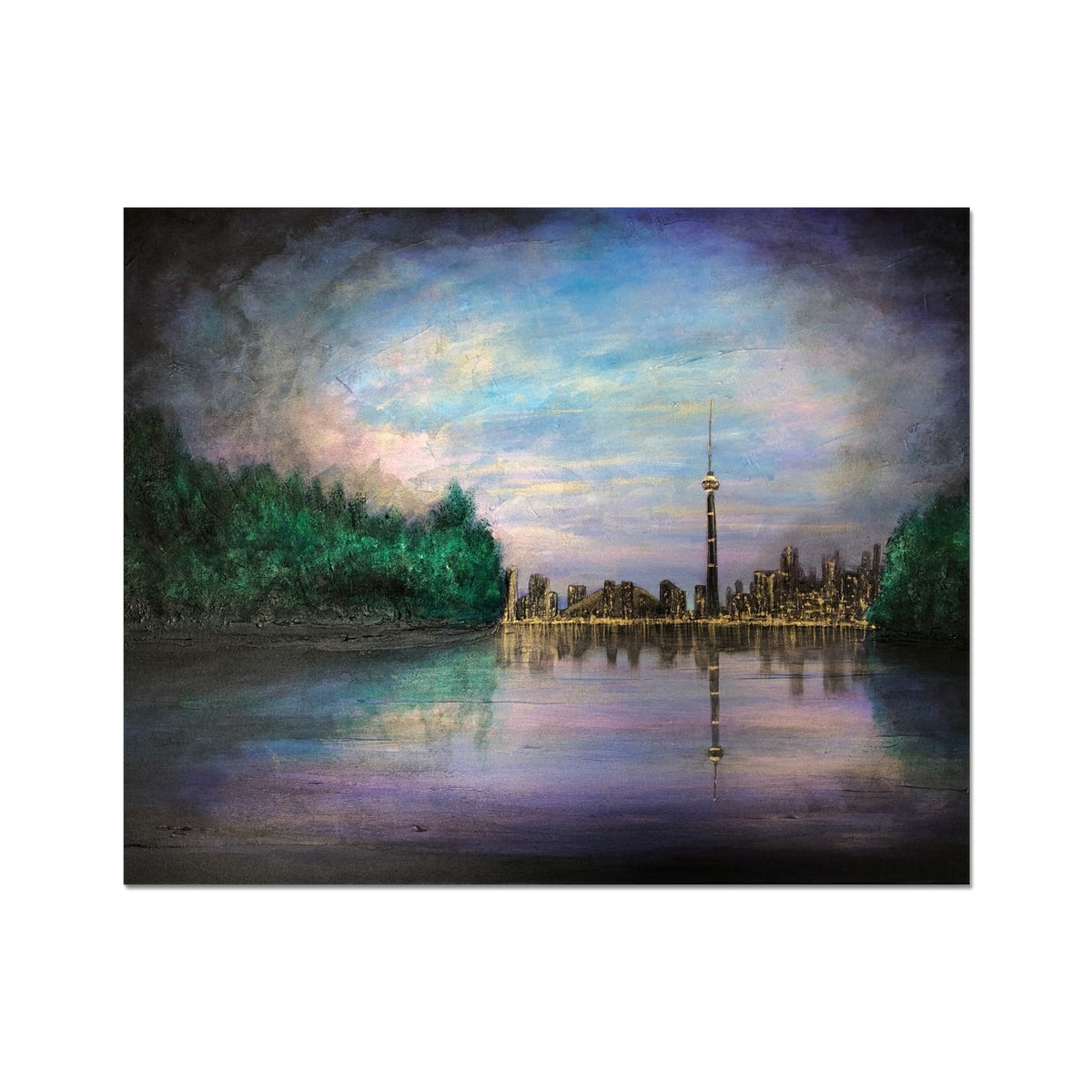 Toronto Last Light Artist Proof: Modern cityscape print with sleek tower in blue and purple hues