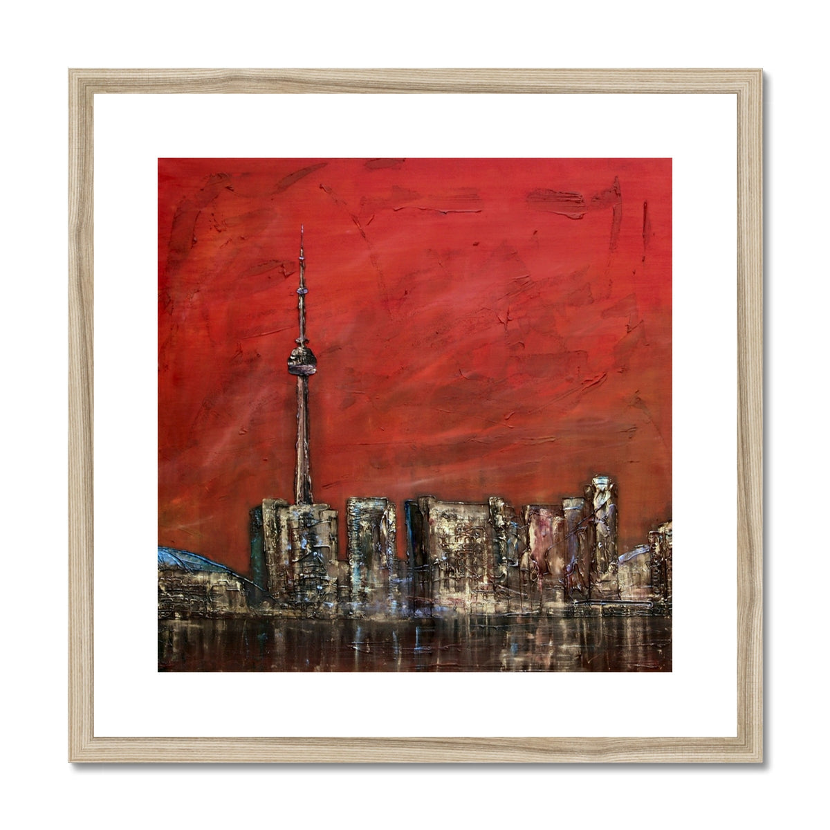 Red CN Tower art print in white frame, Toronto Sunset collection