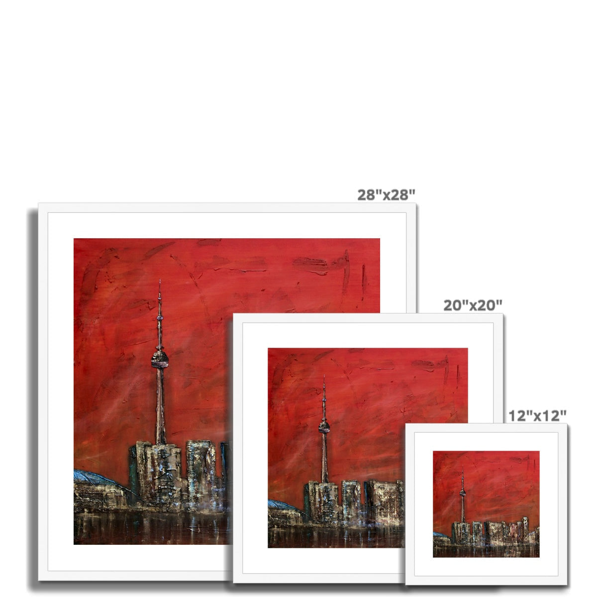 Red Toronto sunset skyline art print with CN Tower in white frame