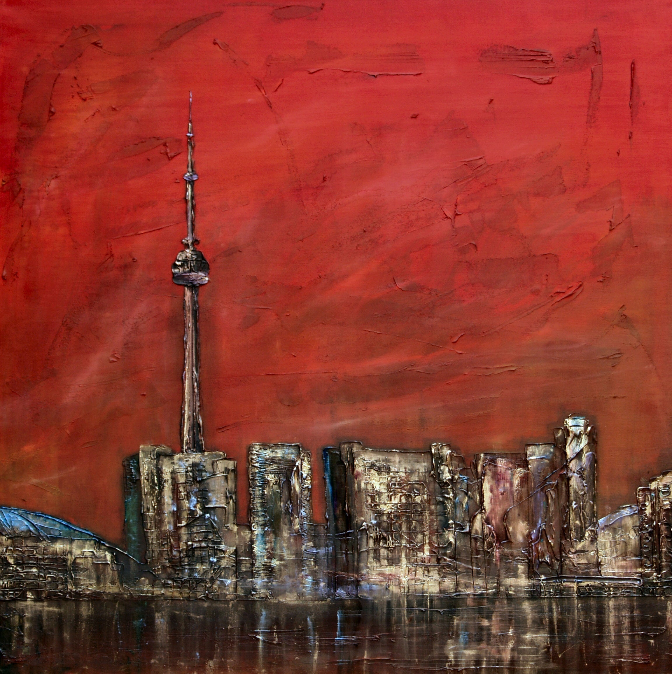 Textured Toronto skyline sunset painting for statement interior wall art from Scotland